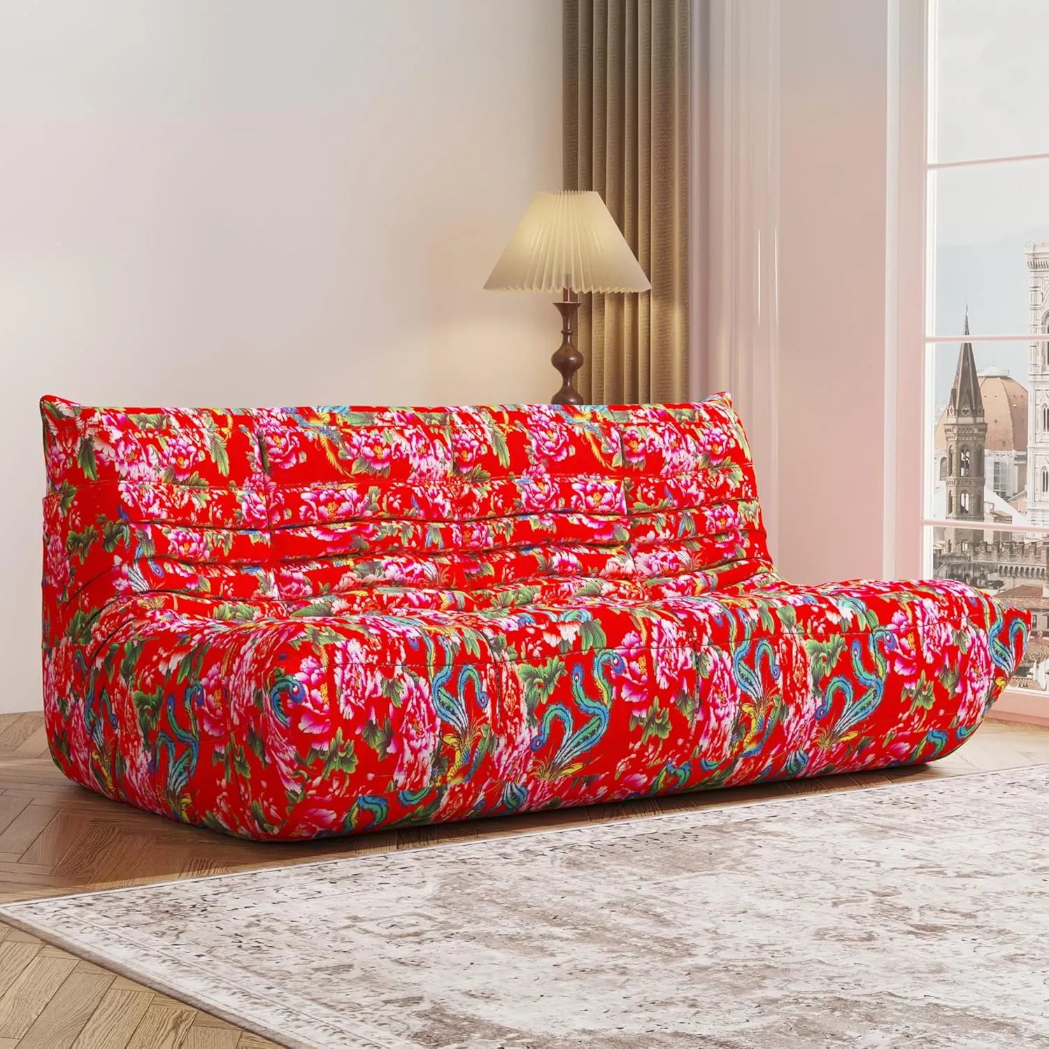 Bean Bag Chair, 3-Seater Bean Bag Chair, Upgraded Lazy Floor Sofa Couch for Adult, Large Fireside Beanbag Chair with High-Resilience Foam, Living Room, Apartment, Office,Bedroom(Flower, 3-Seater)