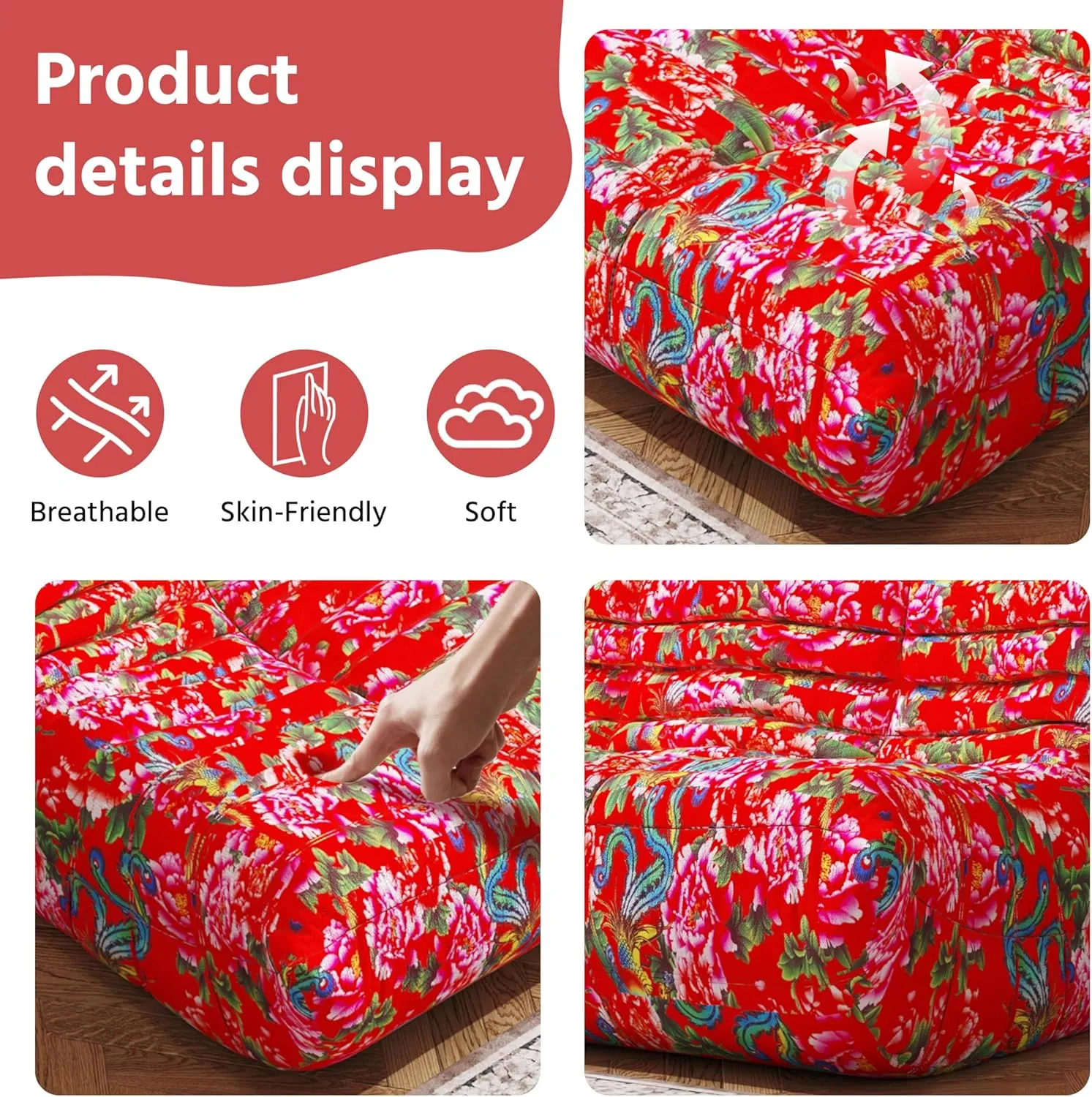 Bean Bag Chair, 3-Seater Bean Bag Chair, Upgraded Lazy Floor Sofa Couch for Adult, Large Fireside Beanbag Chair with High-Resilience Foam, Living Room, Apartment, Office,Bedroom(Flower, 3-Seater)