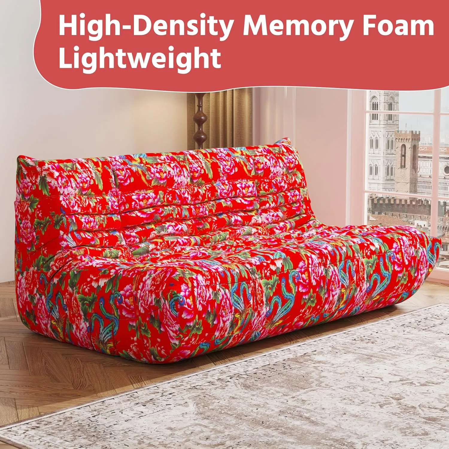 Bean Bag Chair, 3-Seater Bean Bag Chair, Upgraded Lazy Floor Sofa Couch for Adult, Large Fireside Beanbag Chair with High-Resilience Foam, Living Room, Apartment, Office,Bedroom(Flower, 3-Seater)