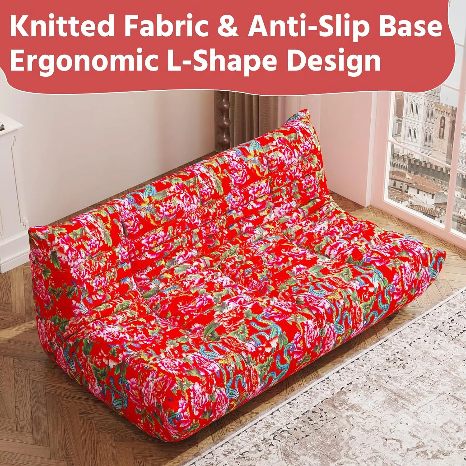 Bean Bag Chair, 3-Seater Bean Bag Chair, Upgraded Lazy Floor Sofa Couch for Adult, Large Fireside Beanbag Chair with High-Resilience Foam, Living Room, Apartment, Office,Bedroom(Flower, 3-Seater)
