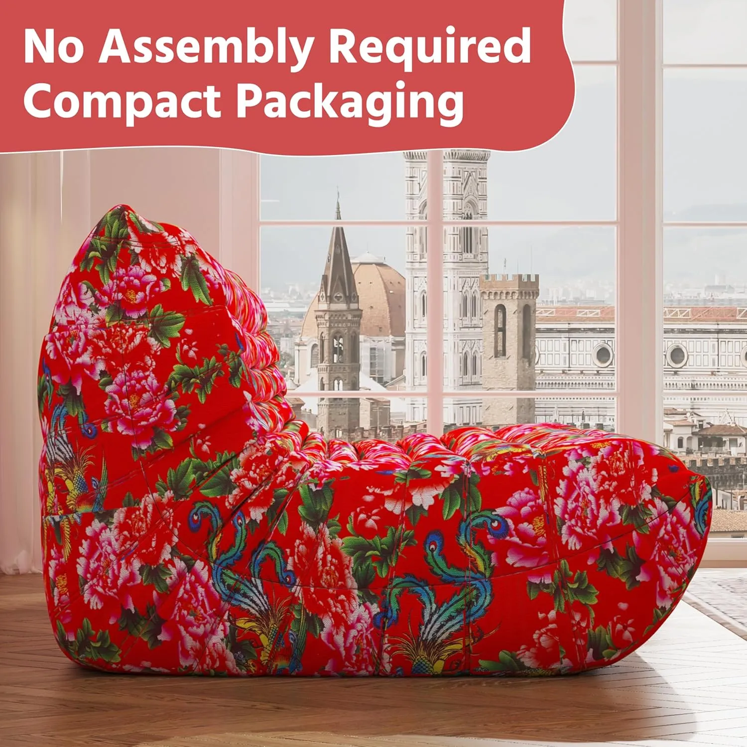 Bean Bag Chair, 3-Seater Bean Bag Chair, Upgraded Lazy Floor Sofa Couch for Adult, Large Fireside Beanbag Chair with High-Resilience Foam, Living Room, Apartment, Office,Bedroom(Flower, 3-Seater)