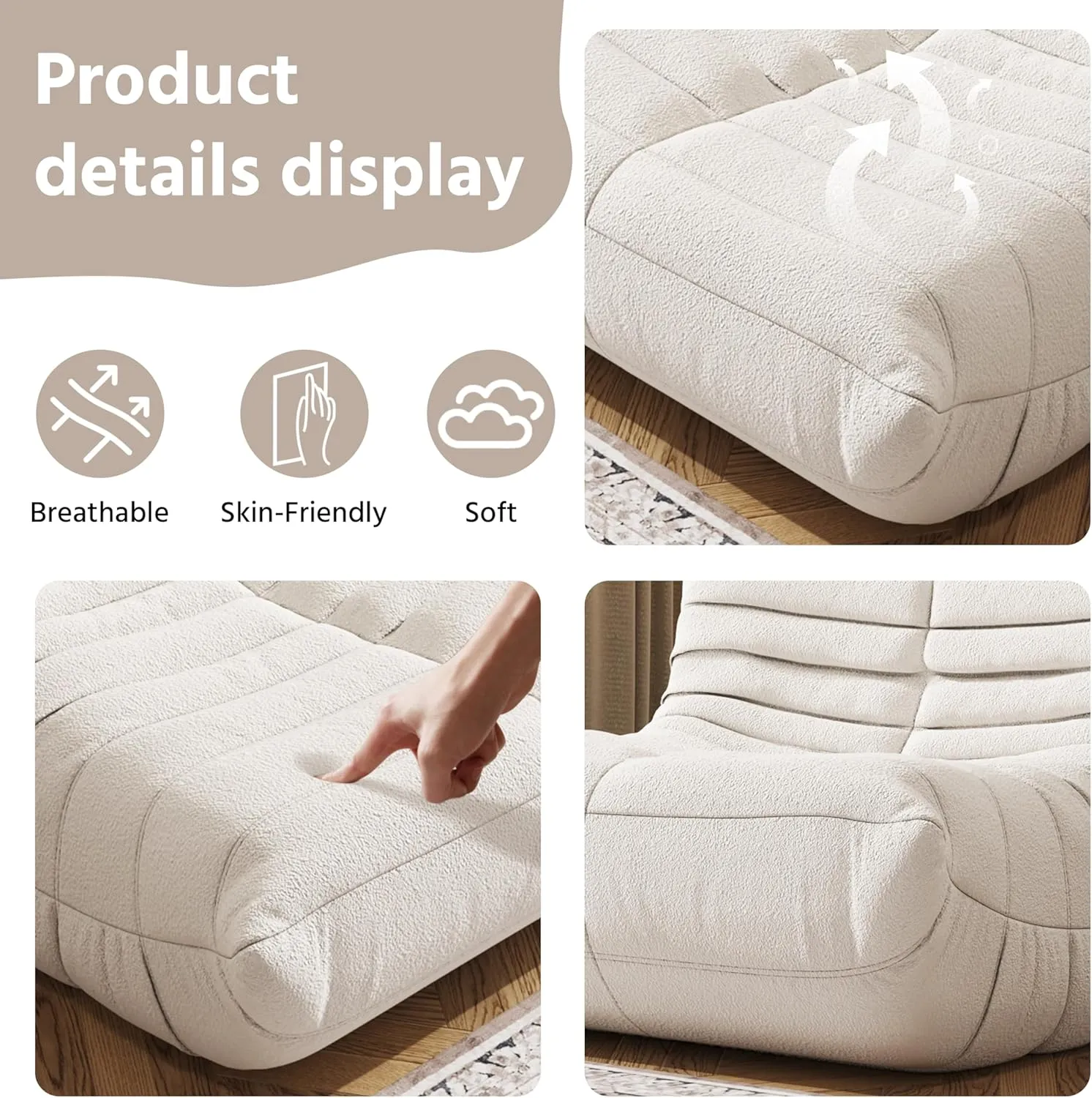 Bean Bag Chair, Fireside Chair, Large Bean Bag Chair for Adults, Bean Bag Chairs for Teens with High-Resilience Foam, Non-Slip Base Floor Lounge Sofa,Living Room (Beige, Single)