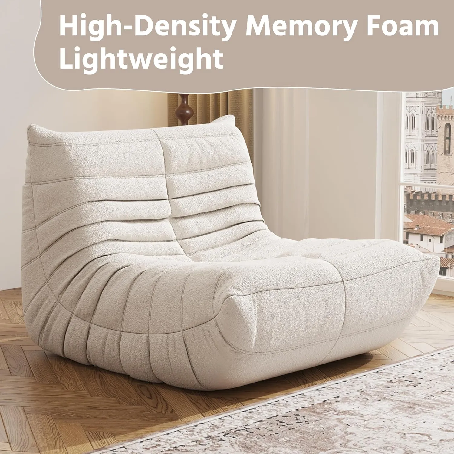 Bean Bag Chair, Fireside Chair, Large Bean Bag Chair for Adults, Bean Bag Chairs for Teens with High-Resilience Foam, Non-Slip Base Floor Lounge Sofa,Living Room (Beige, Single)