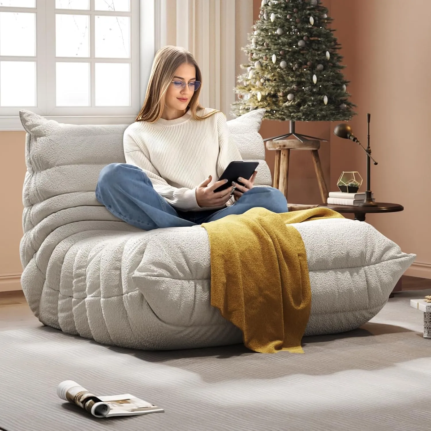 Bean Bag Chair, Fireside Chair, Large Bean Bag Chair for Adults, Bean Bag Chairs for Teens with High-Resilience Foam, Non-Slip Base Floor Lounge Sofa,Living Room (Beige, Single)