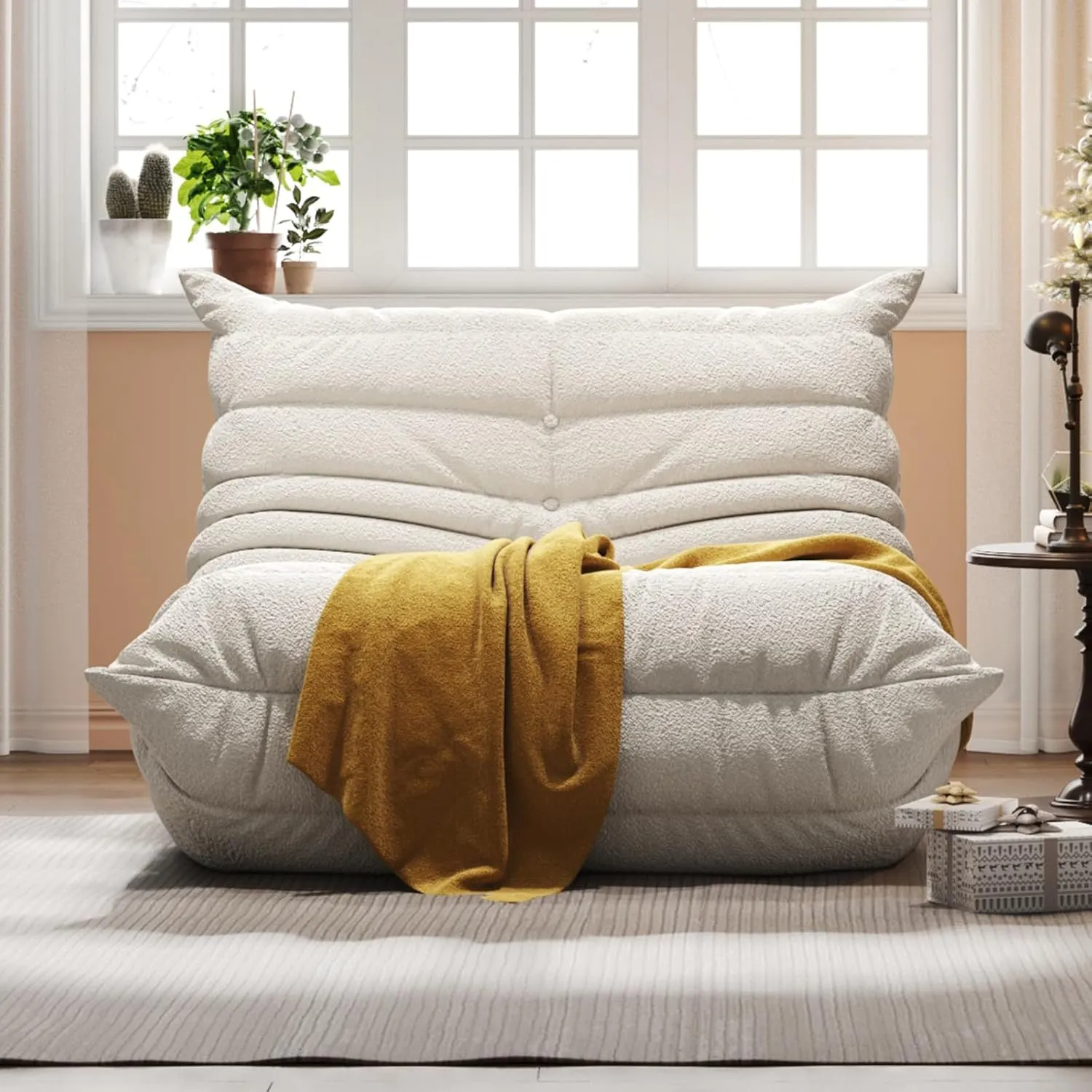 Bean Bag Chair, Fireside Chair, Large Bean Bag Chair for Adults, Bean Bag Chairs for Teens with High-Resilience Foam, Non-Slip Base Floor Lounge Sofa,Living Room (Beige, Single)