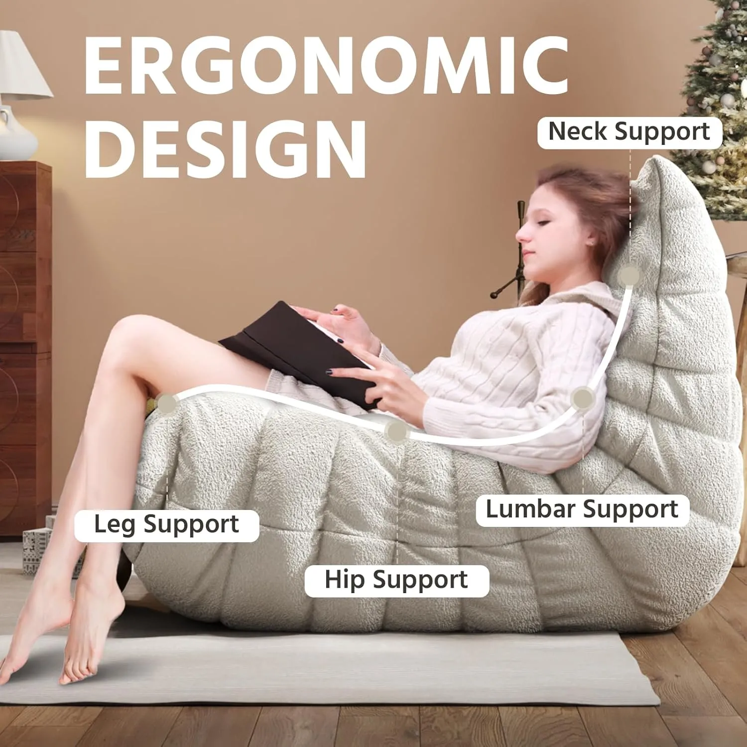 Bean Bag Chair, Fireside Chair, Large Bean Bag Chair for Adults, Bean Bag Chairs for Teens with High-Resilience Foam, Non-Slip Base Floor Lounge Sofa,Living Room (Beige, Single)