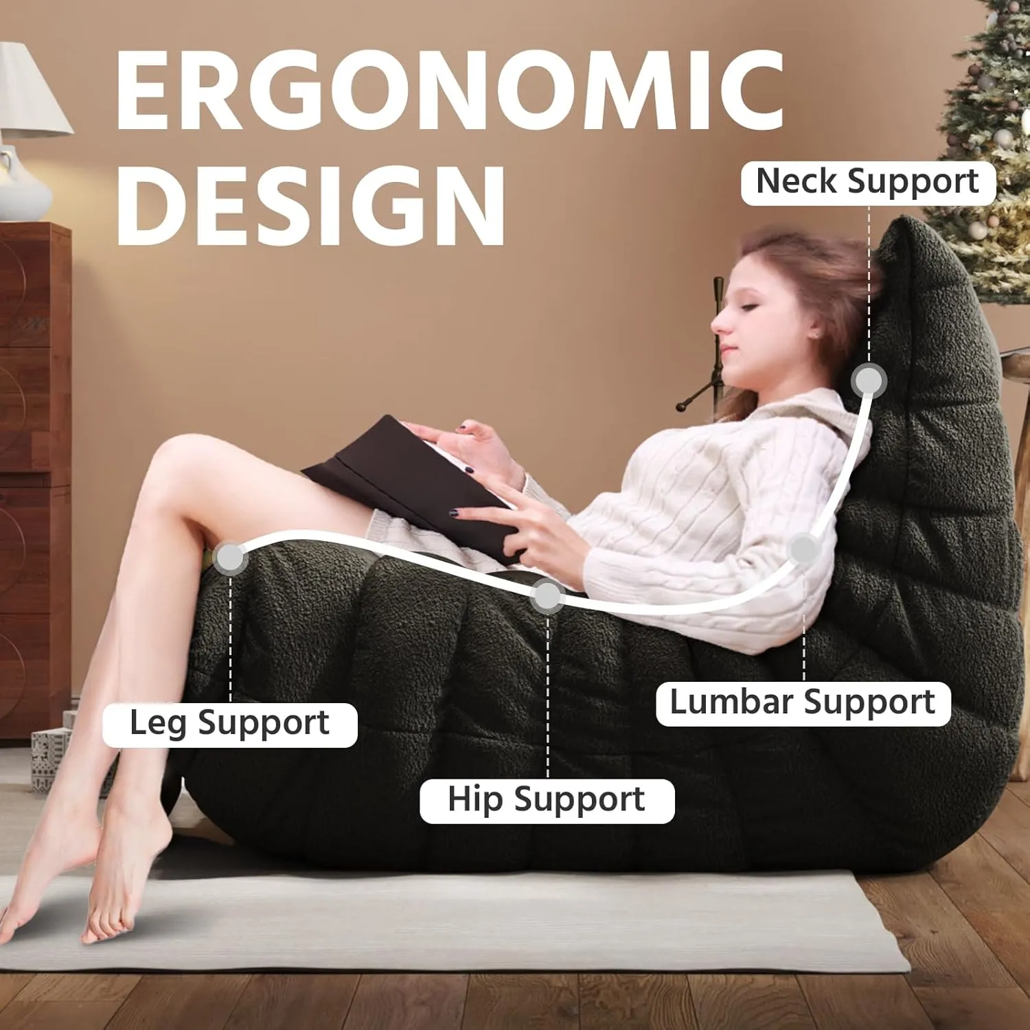 Bean Bag Chair, Fireside Chair, Large Bean Bag Chair for Adults, Bean Bag Chairs for Teens with High-Resilience Foam, Non-Slip Base Floor Lounge Sofa,Living Room (Black, Single)