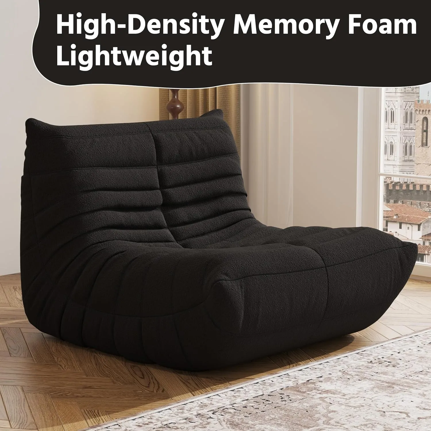 Bean Bag Chair, Fireside Chair, Large Bean Bag Chair for Adults, Bean Bag Chairs for Teens with High-Resilience Foam, Non-Slip Base Floor Lounge Sofa,Living Room (Black, Single)