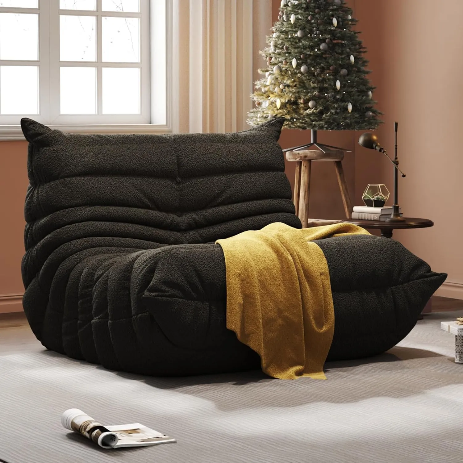 Bean Bag Chair, Fireside Chair, Large Bean Bag Chair for Adults, Bean Bag Chairs for Teens with High-Resilience Foam, Non-Slip Base Floor Lounge Sofa,Living Room (Black, Single)