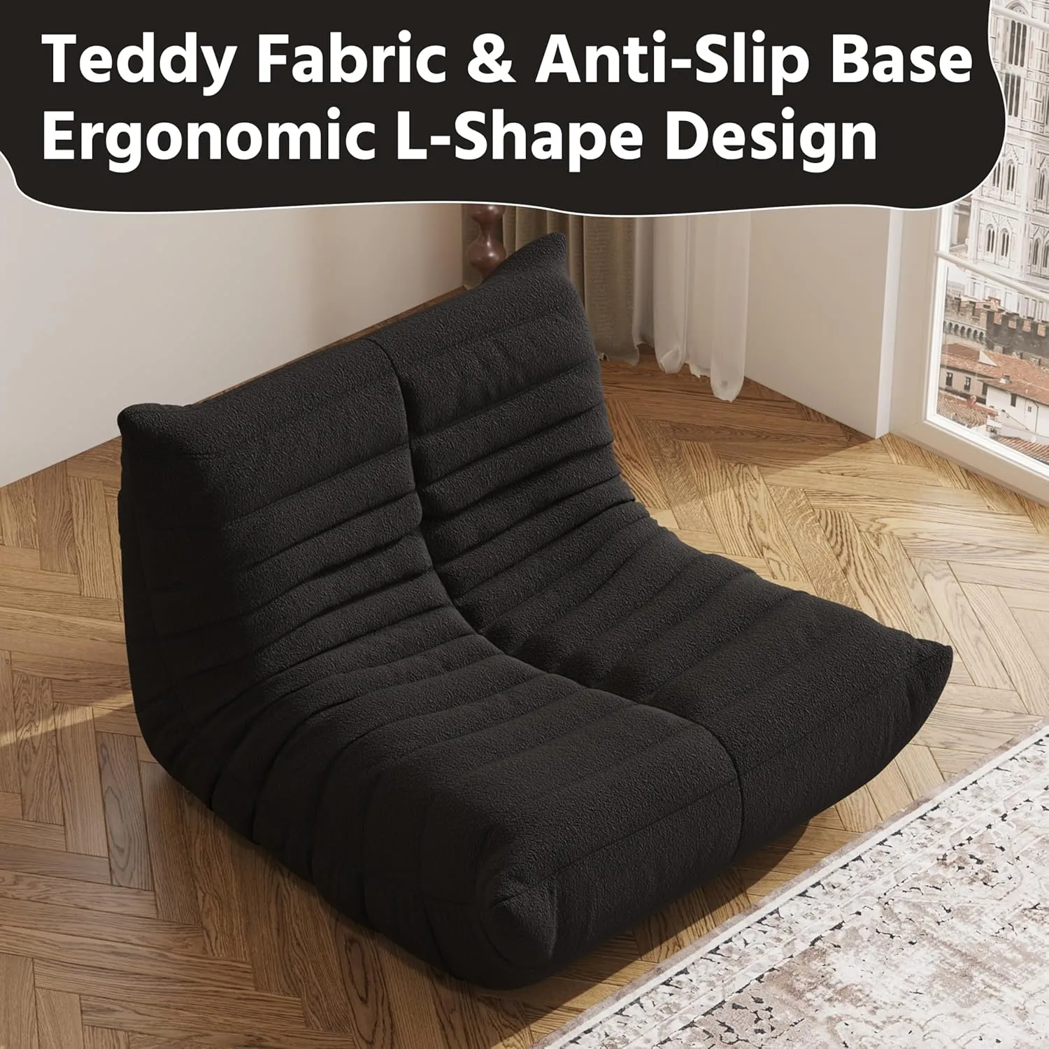 Bean Bag Chair, Fireside Chair, Large Bean Bag Chair for Adults, Bean Bag Chairs for Teens with High-Resilience Foam, Non-Slip Base Floor Lounge Sofa,Living Room (Black, Single)