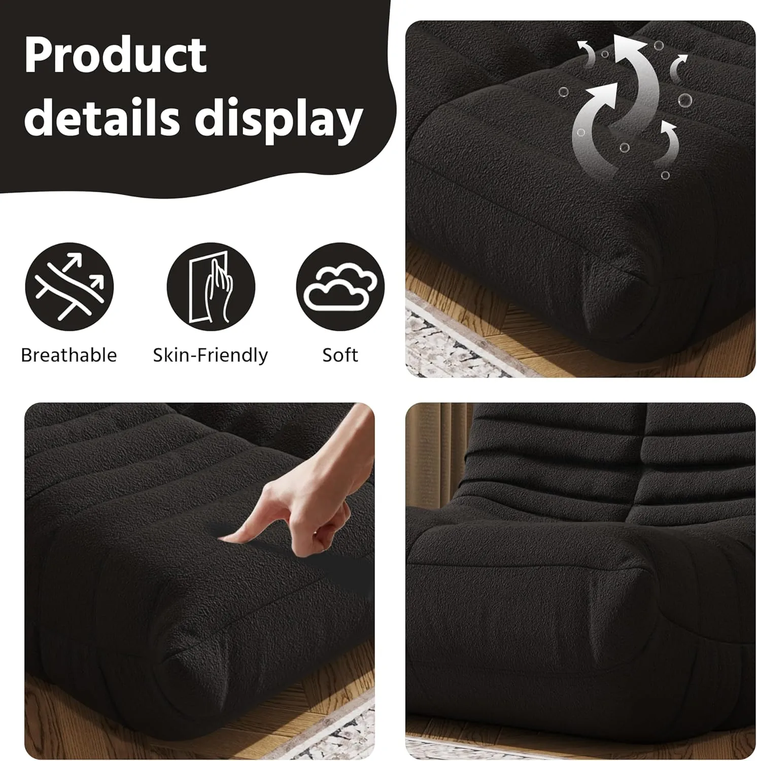 Bean Bag Chair, Fireside Chair, Large Bean Bag Chair for Adults, Bean Bag Chairs for Teens with High-Resilience Foam, Non-Slip Base Floor Lounge Sofa,Living Room (Black, Single)