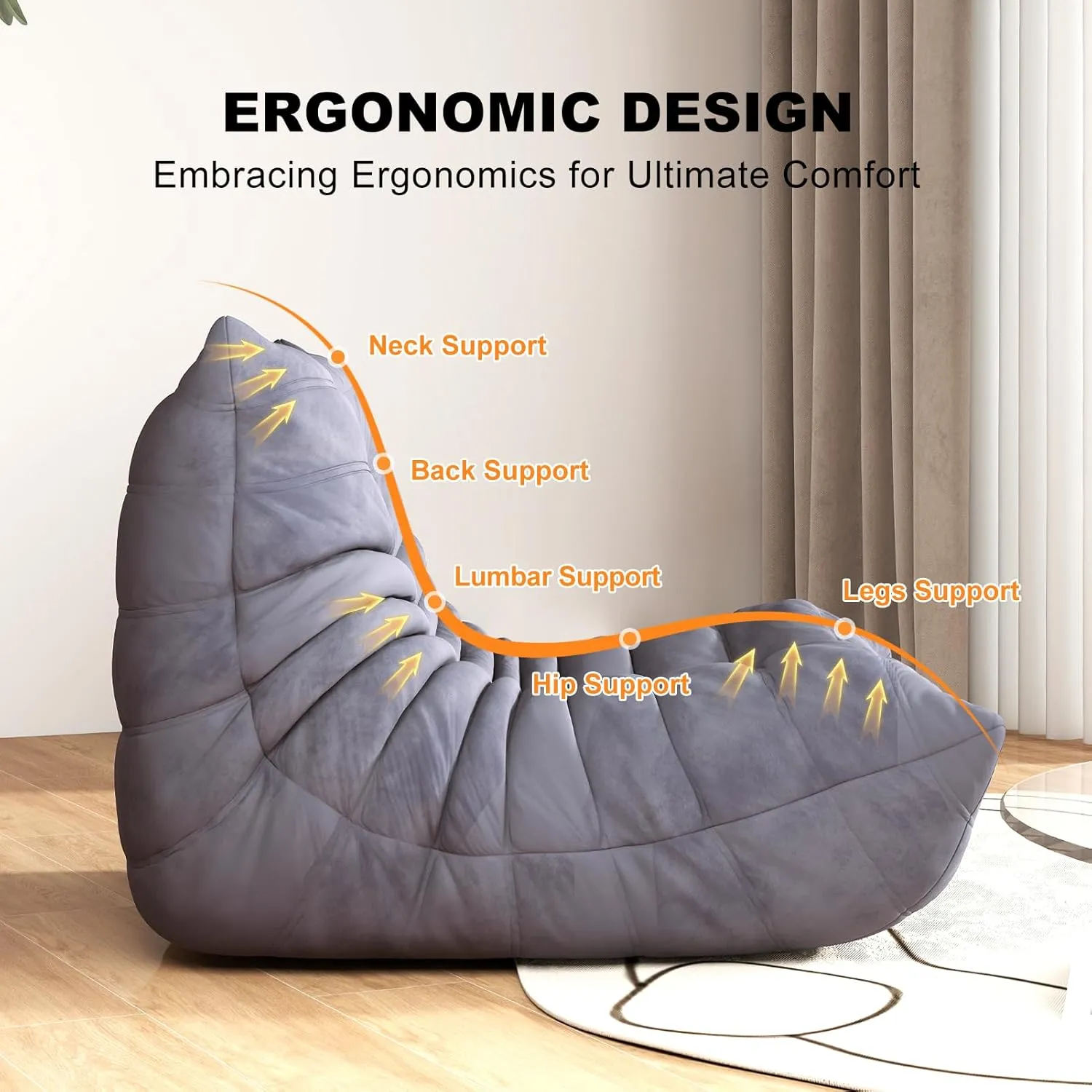 Bean Bag Chair for Adults & Kids, Giant Memory Foam Sofa with Ergonomic Curve, Lazy Floor Sofa, Fireside Chair for Living Room, Gaming Room,Bedroom,Reading Nook - Soft Plush Velvet Cover