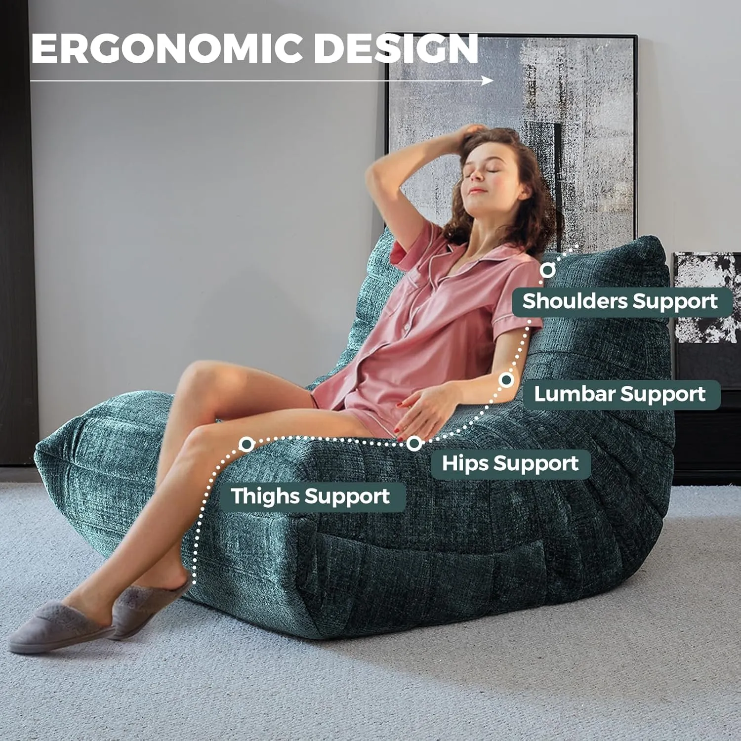 Bean Bag Chair for Adults, Modern Chenille Fabric Fireside Chair Lazy Floor Sofa Chair High-Density Foam Sofa Corner Couch for Living Room Bedroom Office, Single, Green