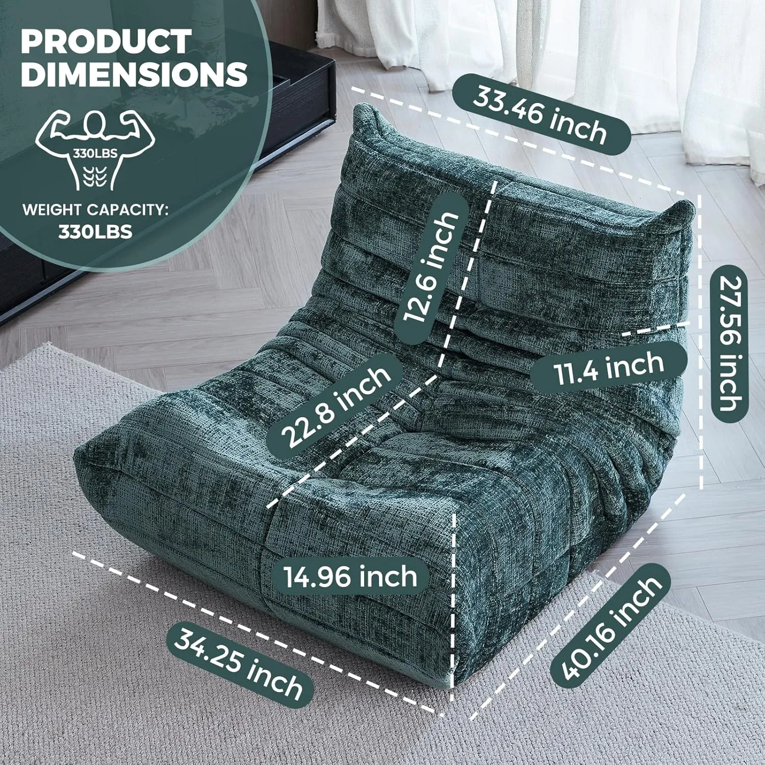 Bean Bag Chair for Adults, Modern Chenille Fabric Fireside Chair Lazy Floor Sofa Chair High-Density Foam Sofa Corner Couch for Living Room Bedroom Office, Single, Green