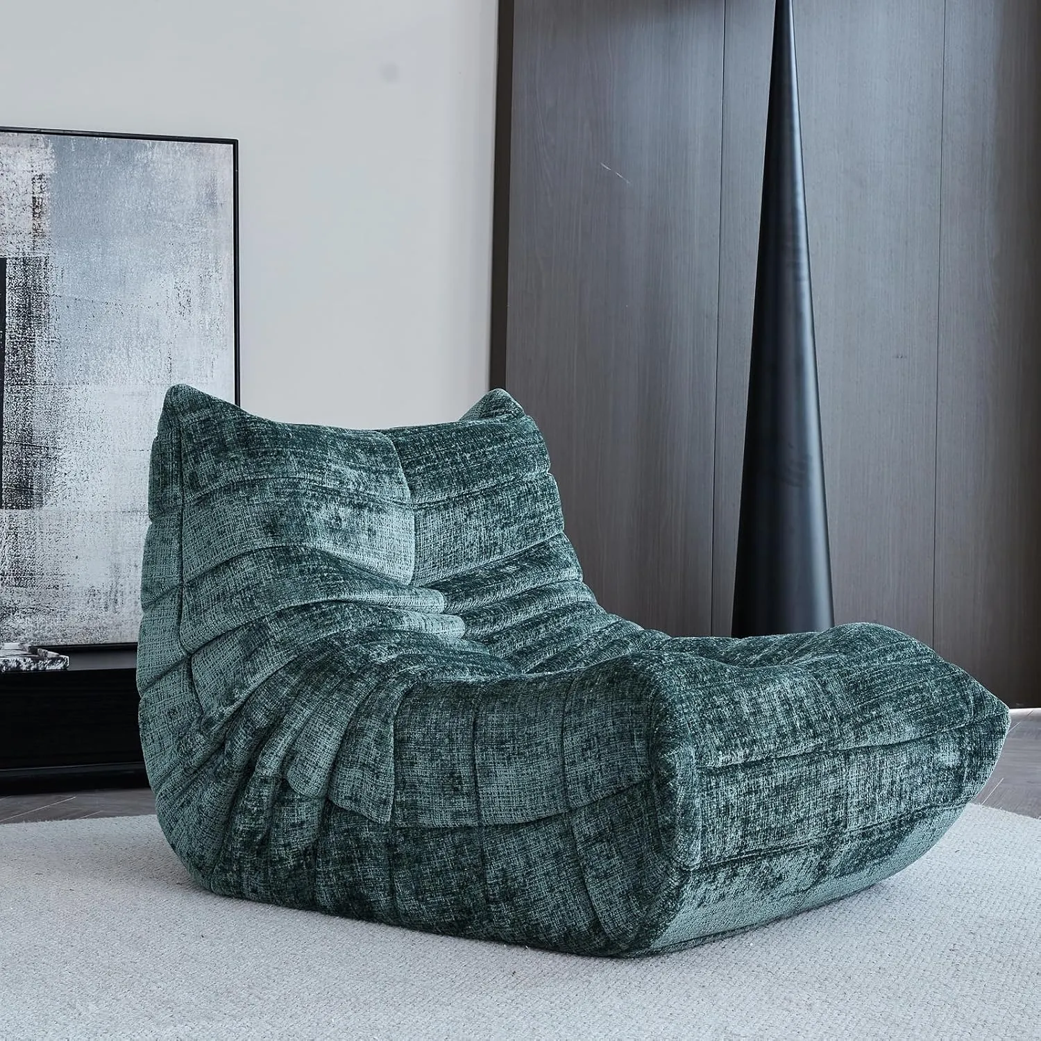 Bean Bag Chair for Adults, Modern Chenille Fabric Fireside Chair Lazy Floor Sofa Chair High-Density Foam Sofa Corner Couch for Living Room Bedroom Office, Single, Green