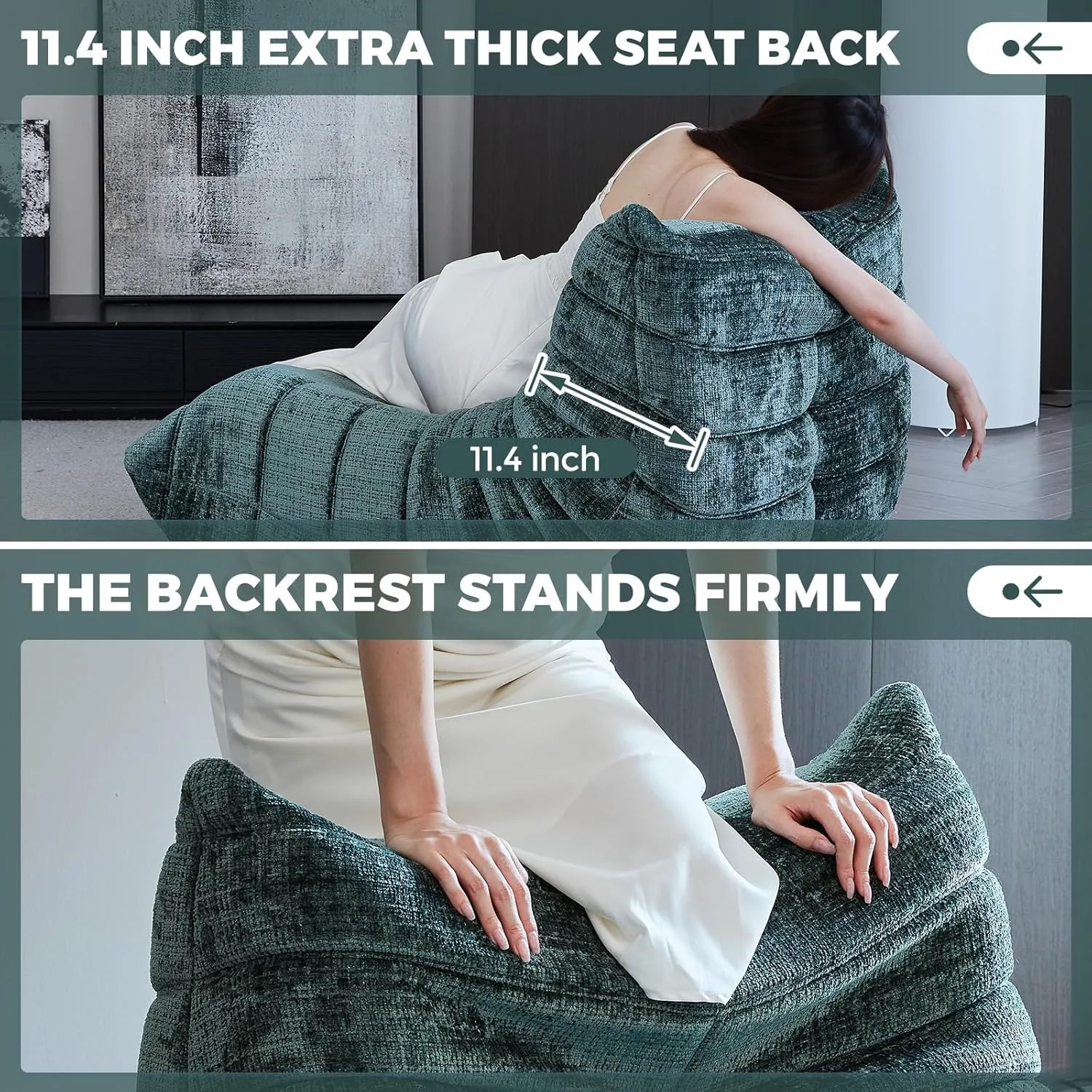 Bean Bag Chair for Adults, Modern Chenille Fabric Fireside Chair Lazy Floor Sofa Chair High-Density Foam Sofa Corner Couch for Living Room Bedroom Office, Single, Green