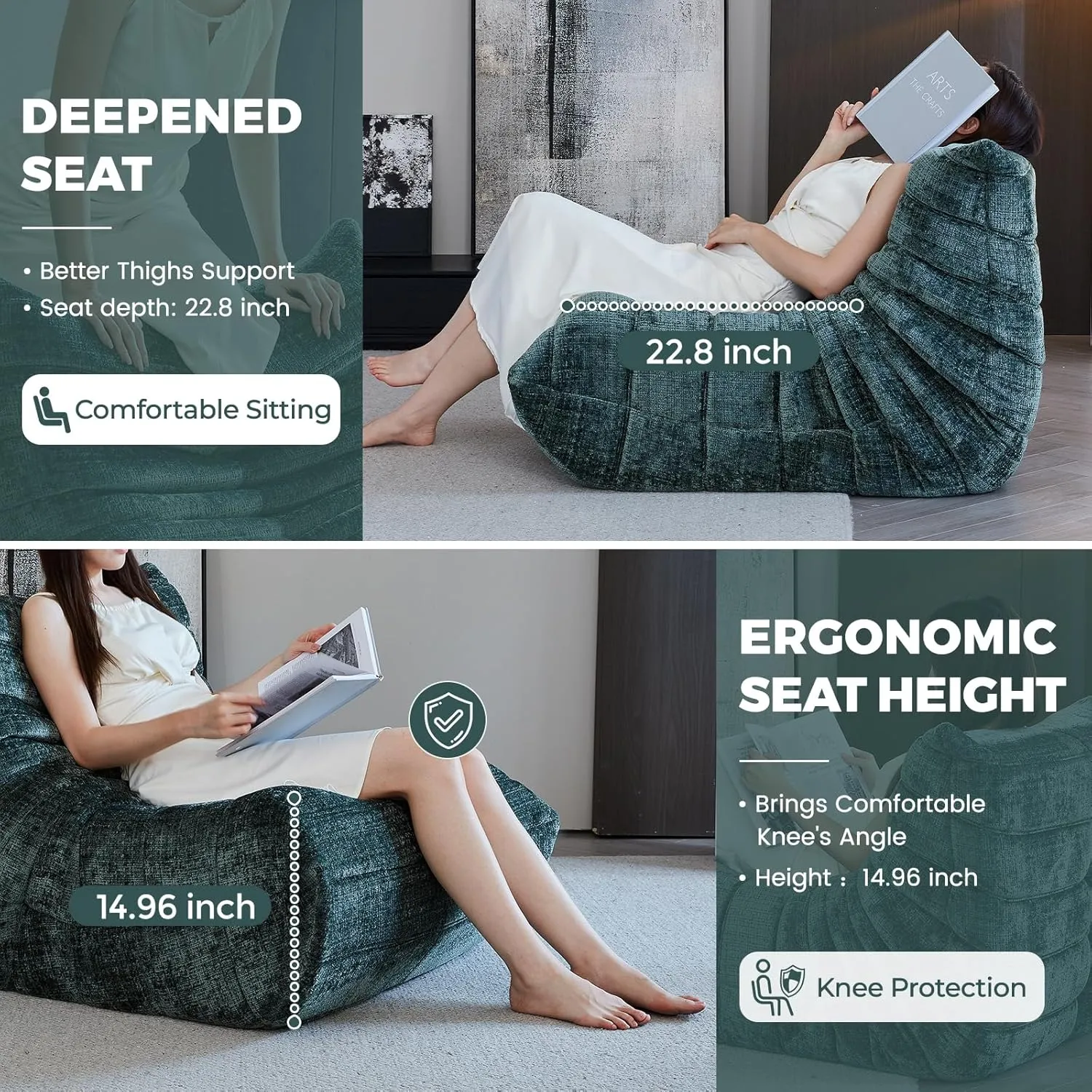 Bean Bag Chair for Adults, Modern Chenille Fabric Fireside Chair Lazy Floor Sofa Chair High-Density Foam Sofa Corner Couch for Living Room Bedroom Office, Single, Green