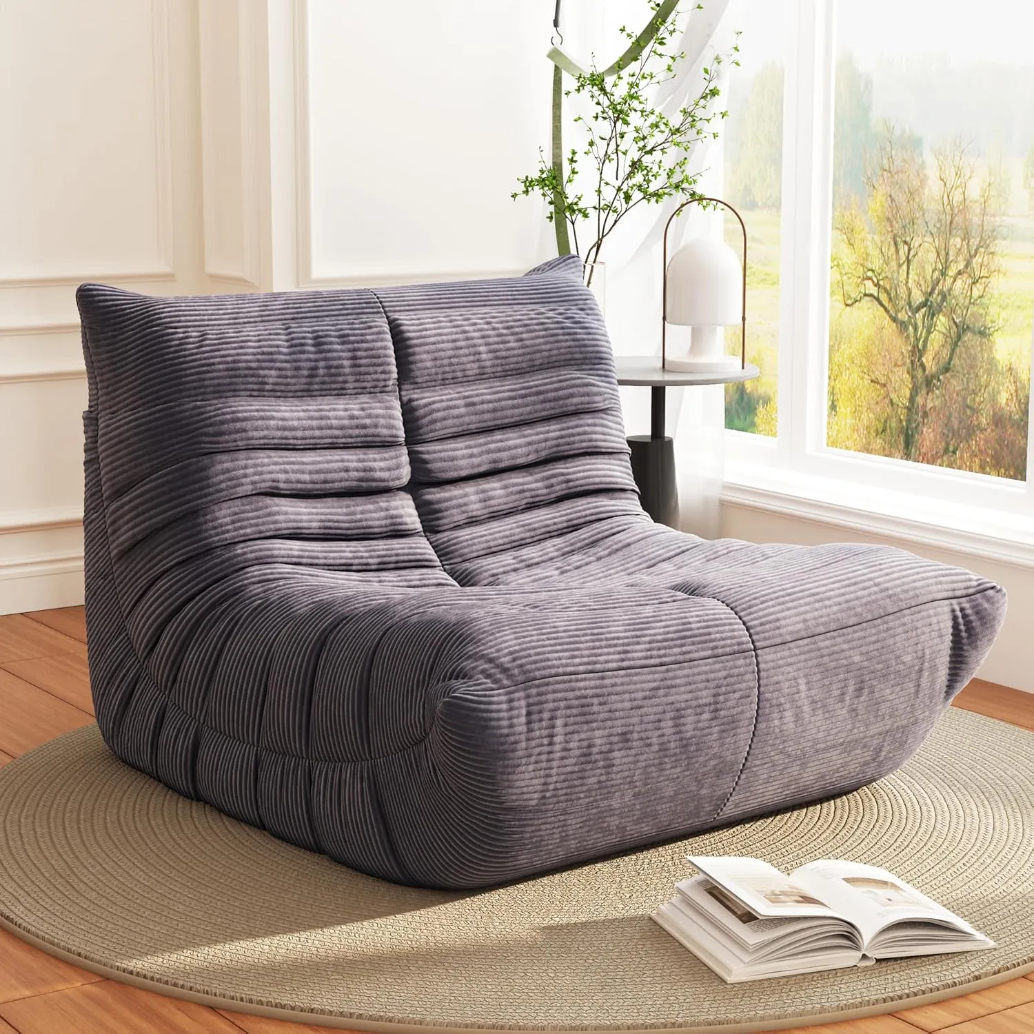 Bean Bag Chair, Lazy Floor Sofa Couch for Adults and Kids, Fireside Chair with Ergonomic Design, Memory Foam Lounge Chair for Living Room Bedroom, Office, Grey
