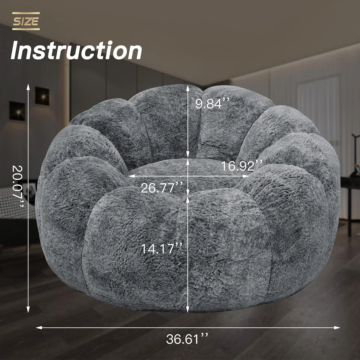 Bean Bag Chair with Filler, Faux Fur Comfy Chair with Petal Armrest Fluffy Lounge Chair for Bedroom, Living Room, Dorm, Game - Grey, Large, Low Support