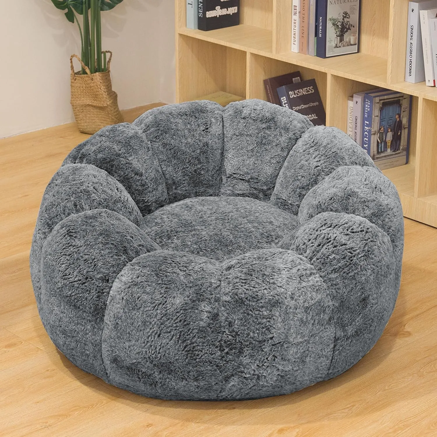 Bean Bag Chair with Filler, Faux Fur Comfy Chair with Petal Armrest Fluffy Lounge Chair for Bedroom, Living Room, Dorm, Game - Grey, Large, Low Support