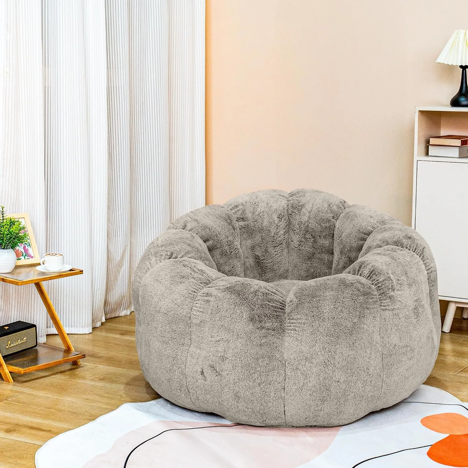 Bean Bag Chair with Filler Included, Faux Fur Comfy Chair with Petal Arm Rest Fluffy Reading Chair for Bedroom, Living Room, Dorm, Game - Taupe, Large, Low Support