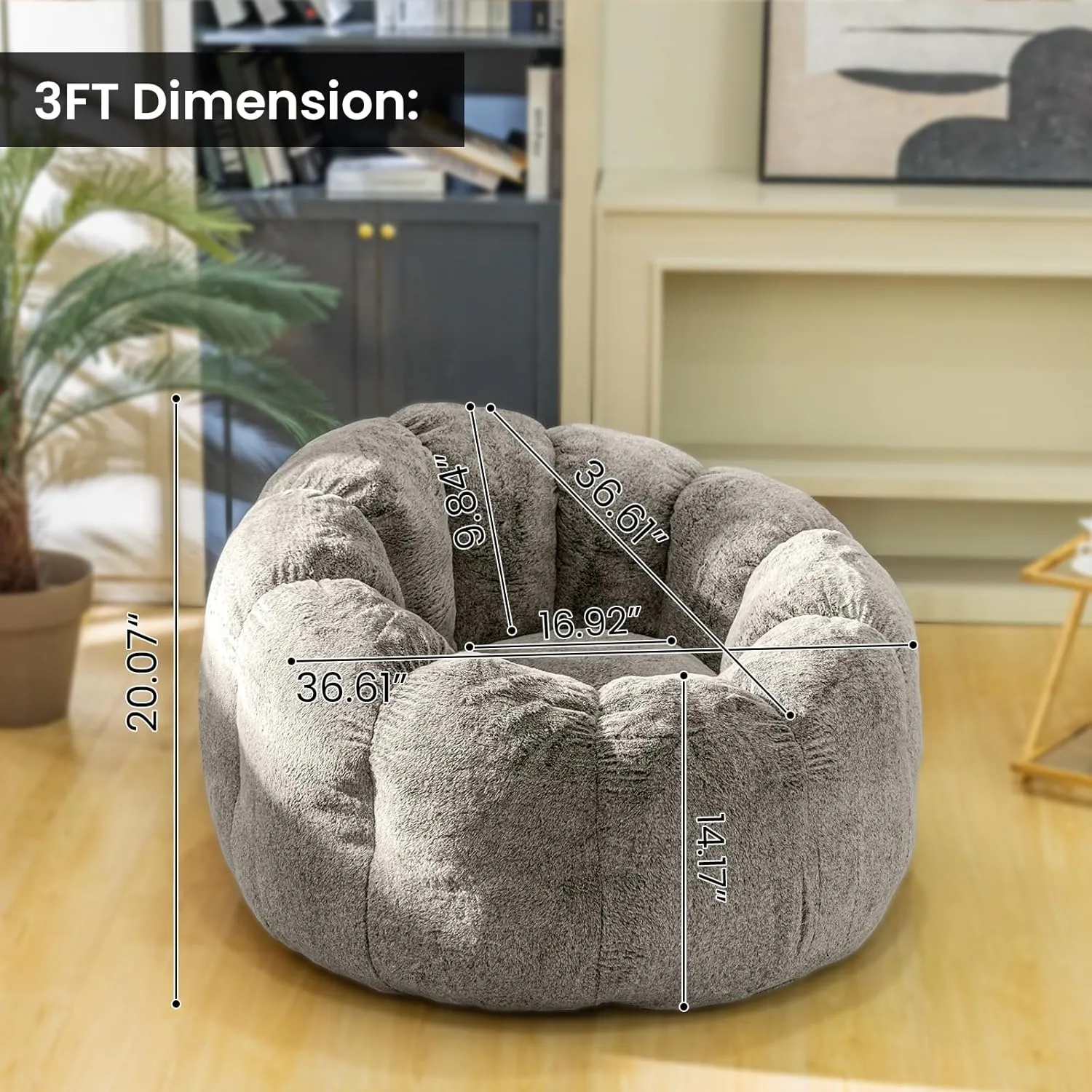 Bean Bag Chair with Filler Included, Faux Fur Comfy Chair with Petal Arm Rest Fluffy Reading Chair for Bedroom, Living Room, Dorm, Game - Taupe, Large, Low Support
