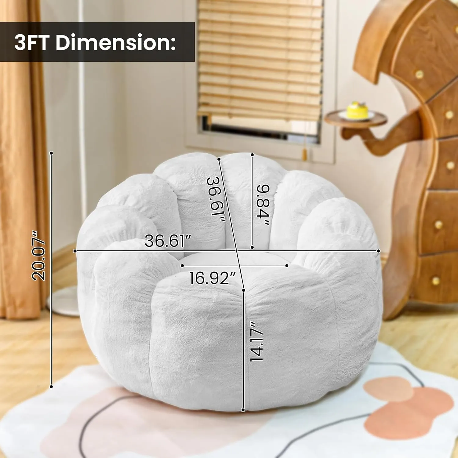 Bean Bag Chairs for Adults, Faux Fur Reading Chair with Petal Arm Rest Fluffy Comfy Chair for Bedroom, Living Room, Dorm, Game - White, Large, Low Support