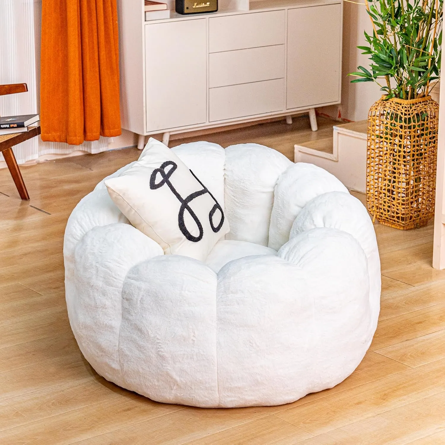 Bean Bag Chairs for Adults, Faux Fur Reading Chair with Petal Arm Rest Fluffy Comfy Chair for Bedroom, Living Room, Dorm, Game - White, Large, Low Support