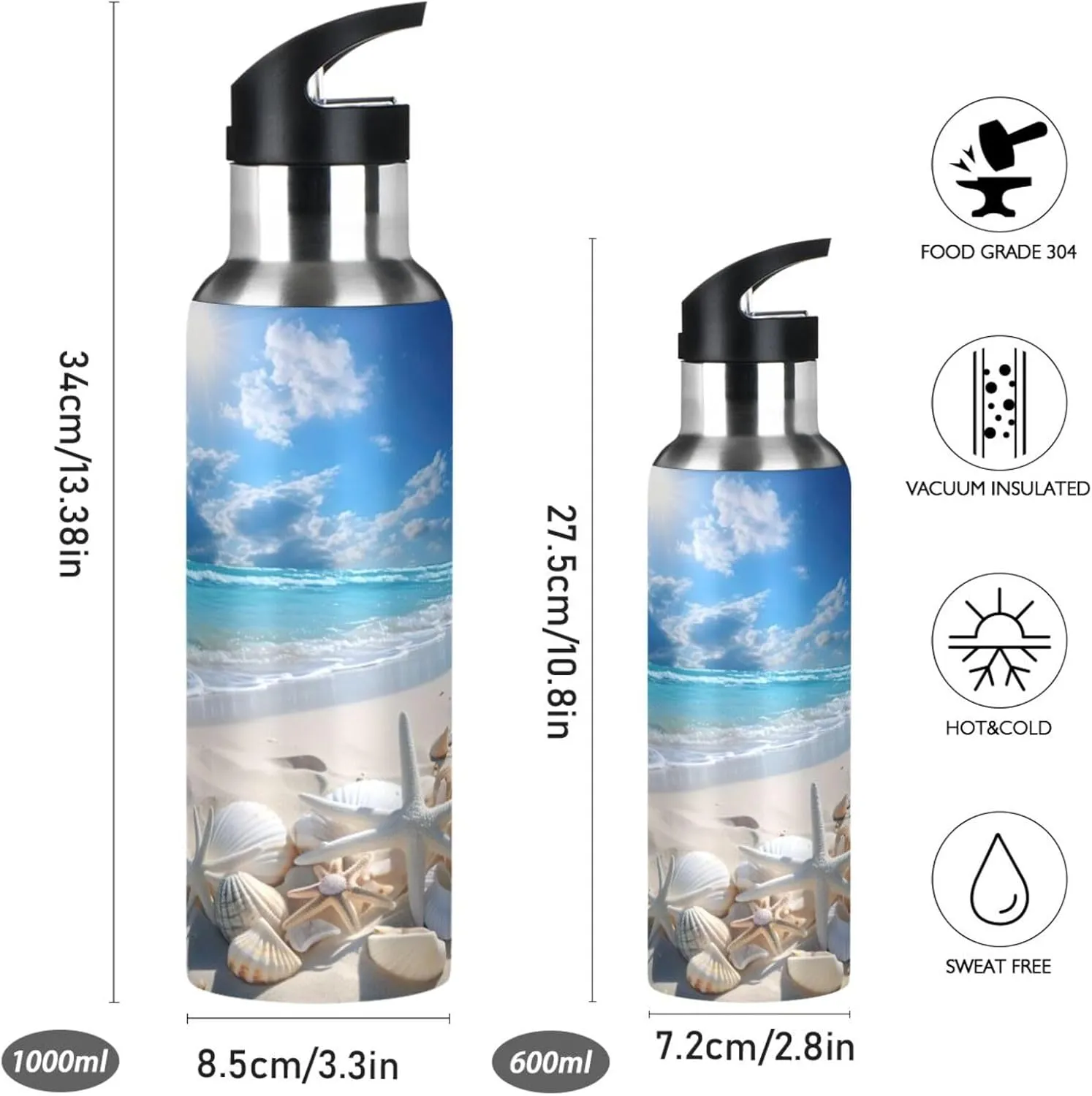 Beautiful Beach Scene 20 oz Water Bottle - Leak Proof, BPA Free, Stainless Steel, Vacuum Insulated for Sports and Office Use, Reusable Water Bottle