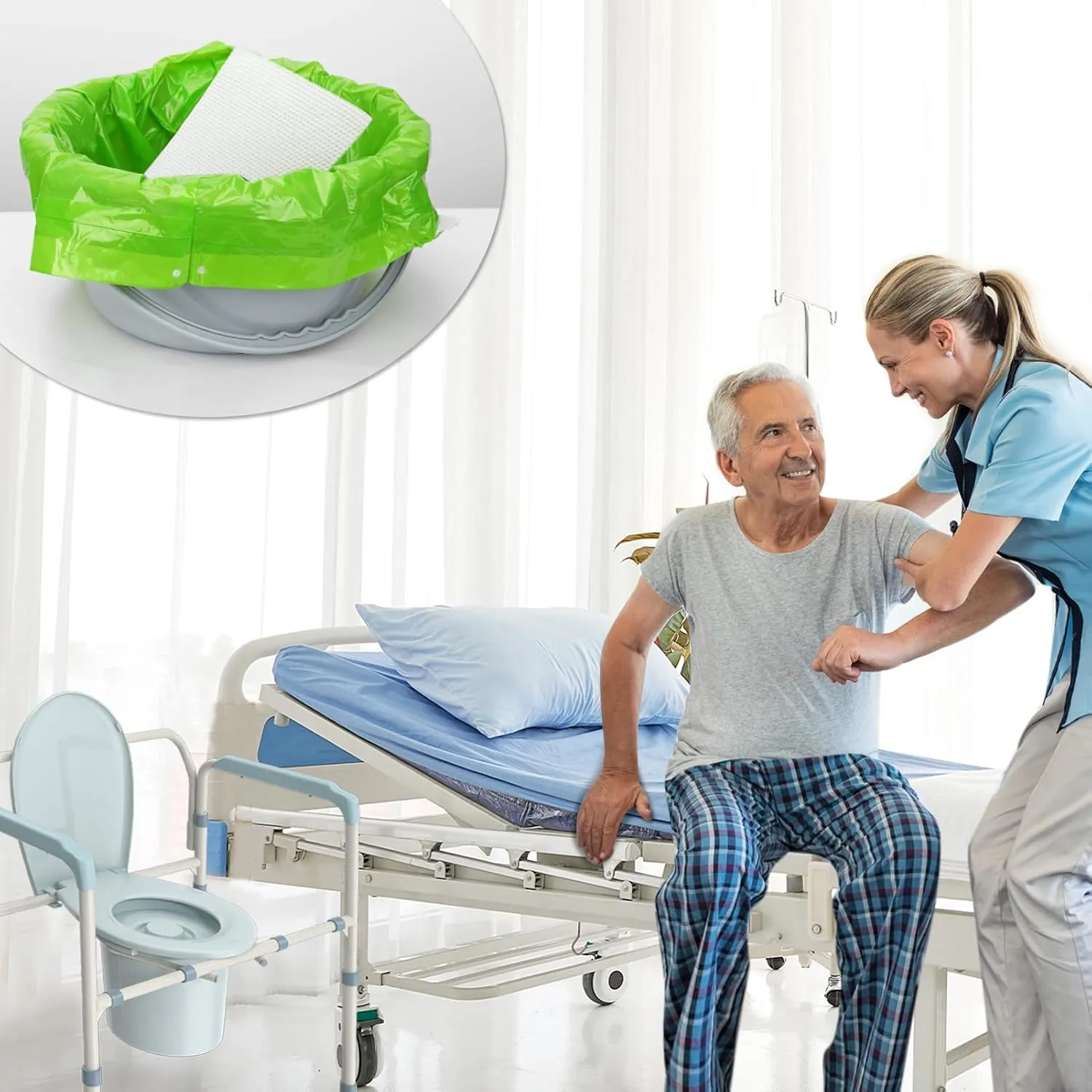 Bedside Commode Liners with Absorbent Pads, 50 Disposable Commode Bags and 50 Pads, Scented Adult Potty Chair Liners, Portable Commode Poop Bags for Commode Chair, Bedpan, Bucket Toilet