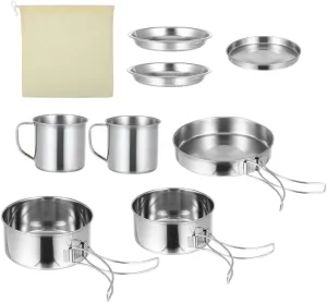 BESPORTBLE Mountaineering Barbecue Pot Set 8-Piece Stainless Steel Cooking Kit for Camping