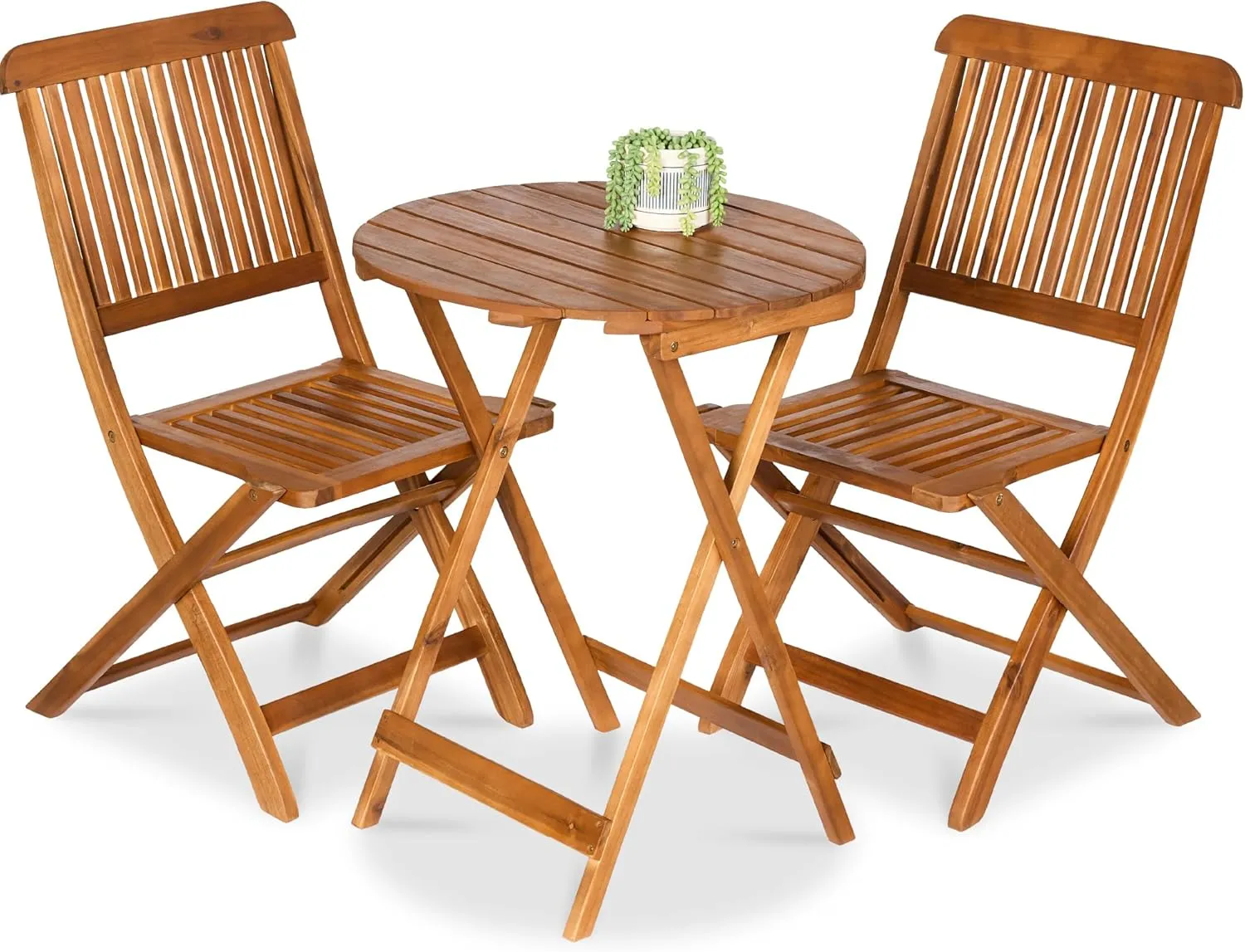 Best Choice Products 3-Piece Acacia Wood Bistro Set, Folding Patio Furniture for Backyard, Balcony, Deck w/ 2 Chairs, Round Coffee Table, Teak Finish - Natural