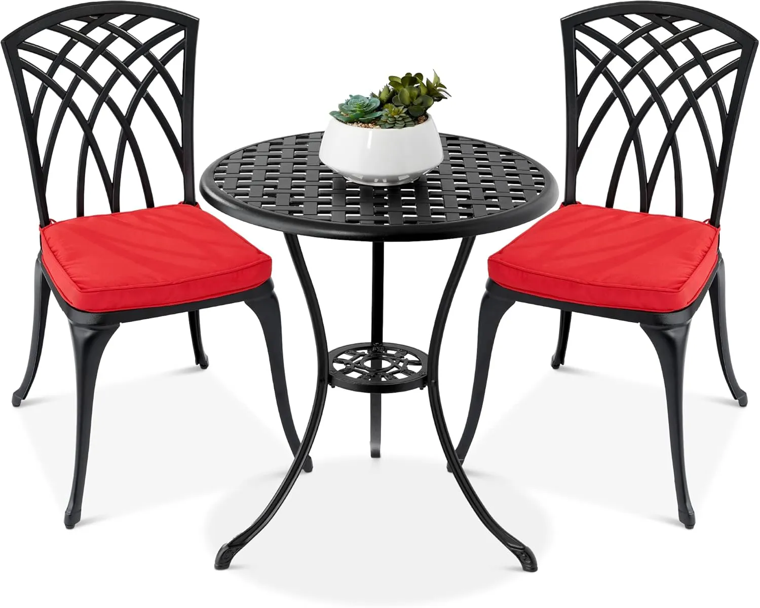 Best Choice Products 3-Piece Bistro Set, Aluminum Outdoor Dining Furniture Set for Patio, Porch, Backyard w/Umbrella Hole, 2 Chairs, 2 Cushions, Polyester Fabric - Black/Red
