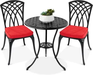 Best Choice Products 3-Piece Bistro Set, Aluminum Outdoor Dining Furniture Set for Patio, Porch, Backyard w/Umbrella Hole, 2 Chairs, 2 Cushions, Polyester Fabric - Black/Red