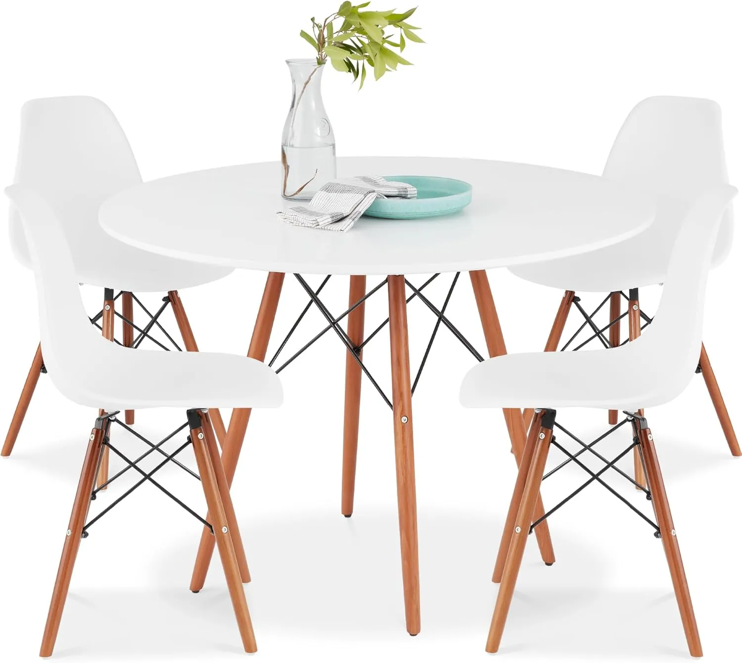 Best Choice Products 5-Piece Dining Set, Compact Mid-Century Modern Table & Chair Set for Home, Apartment w/ 4 Chairs, Plastic Seats, Wooden Legs, Metal Frame - White/Walnut