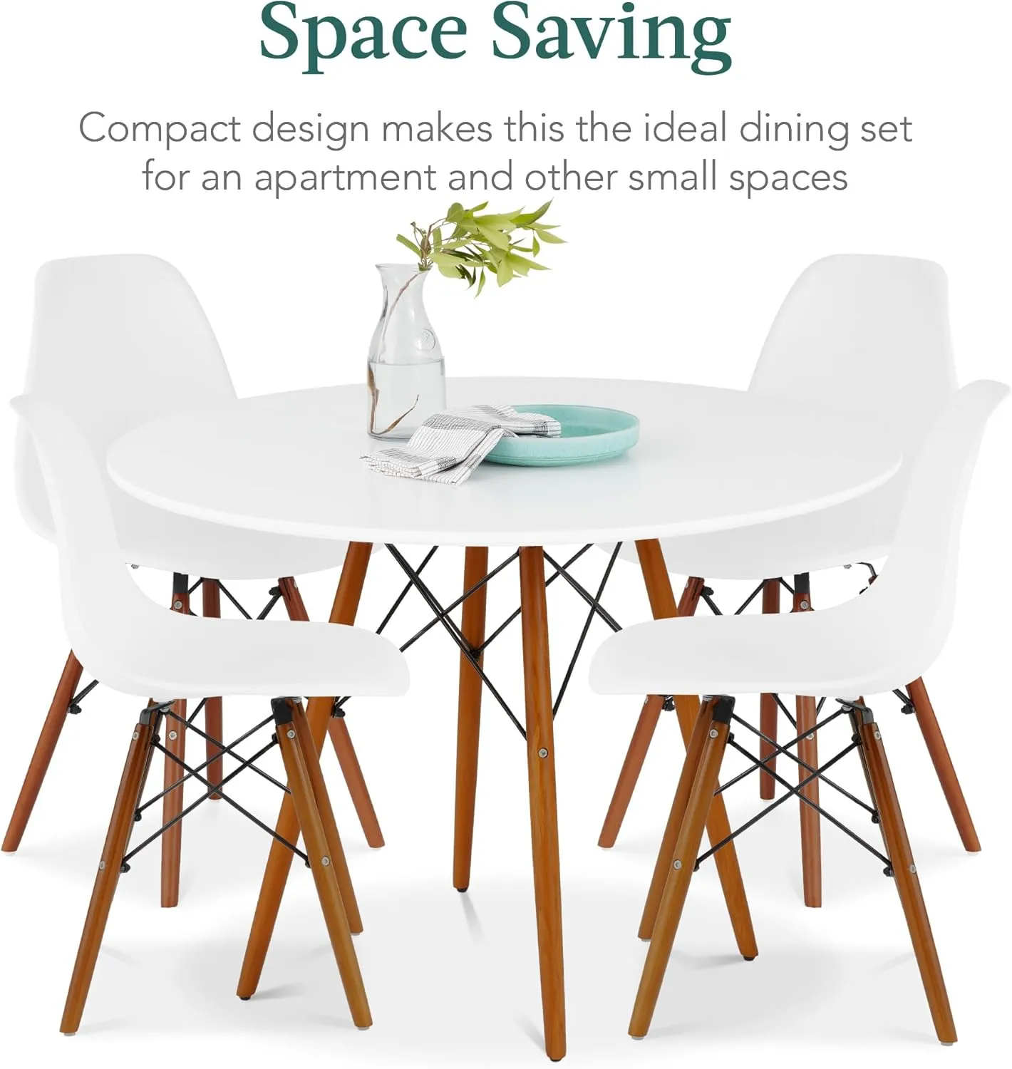 Best Choice Products 5-Piece Dining Set, Compact Mid-Century Modern Table & Chair Set for Home, Apartment w/ 4 Chairs, Plastic Seats, Wooden Legs, Metal Frame - White/Walnut