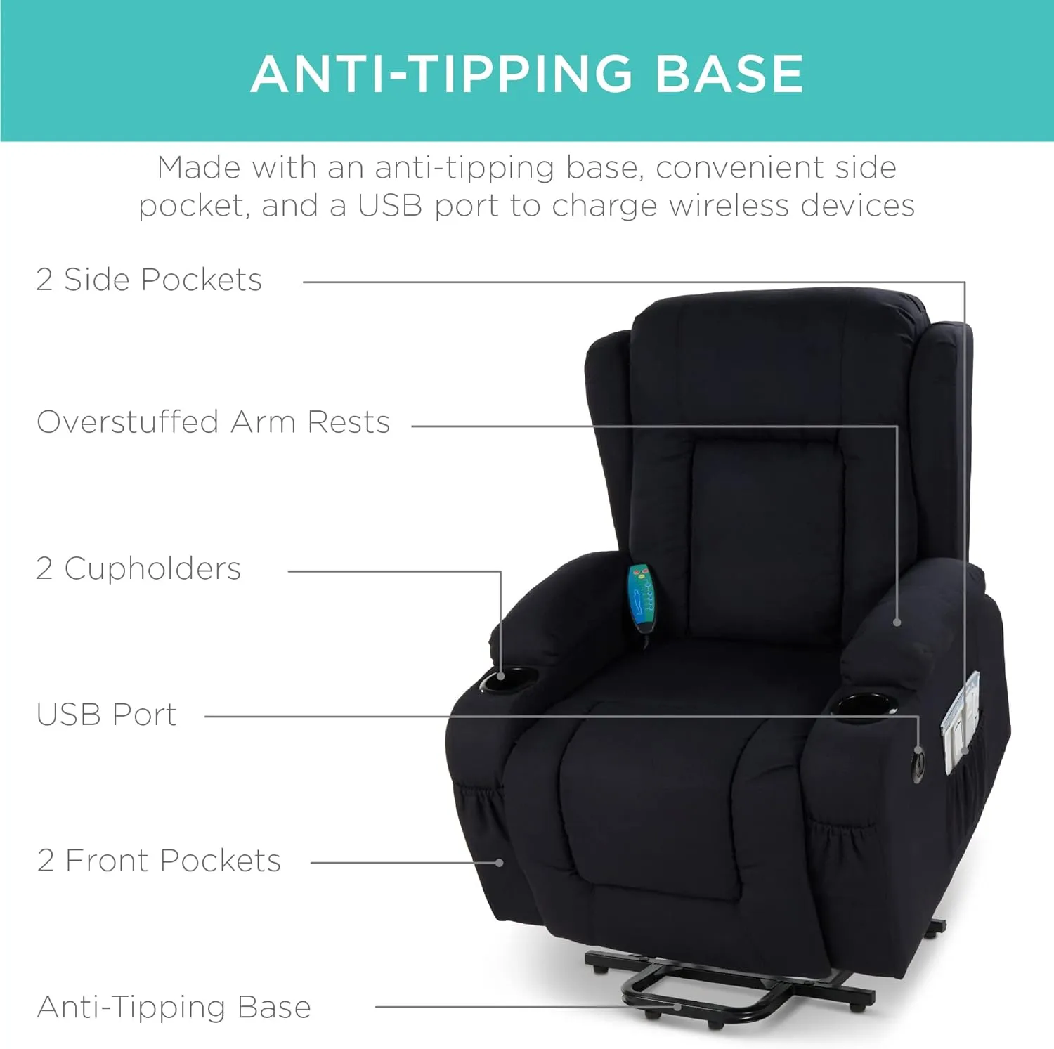 Best Choice Products Modern Linen Electric Power Lift Chair, Recliner Massage Chair, Adjustable Furniture for Back, Legs w/ 3 Positions, USB Port, Heat, Cupholders, Easy-to-Reach Button - Black
