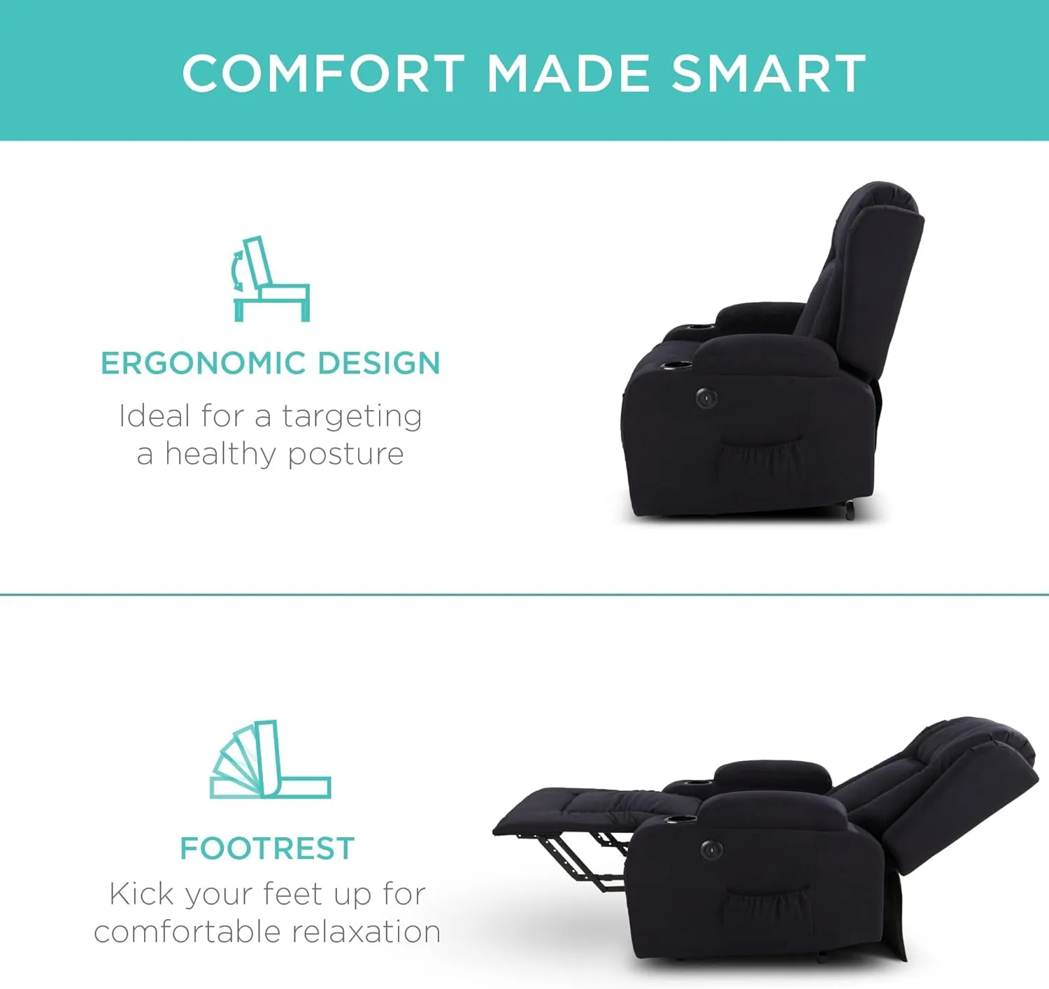 Best Choice Products Modern Linen Electric Power Lift Chair, Recliner Massage Chair, Adjustable Furniture for Back, Legs w/ 3 Positions, USB Port, Heat, Cupholders, Easy-to-Reach Button - Black