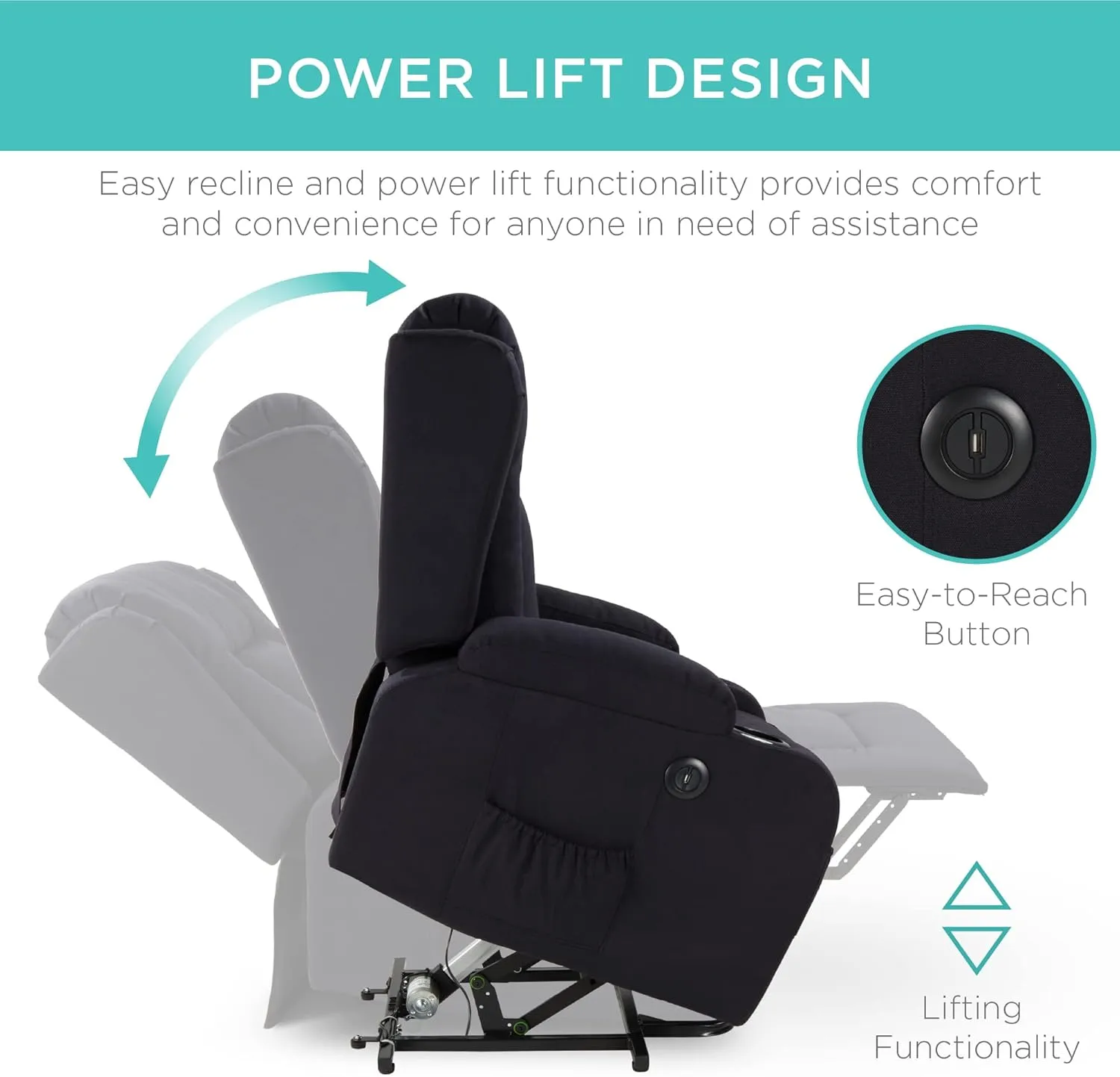 Best Choice Products Modern Linen Electric Power Lift Chair, Recliner Massage Chair, Adjustable Furniture for Back, Legs w/ 3 Positions, USB Port, Heat, Cupholders, Easy-to-Reach Button - Black