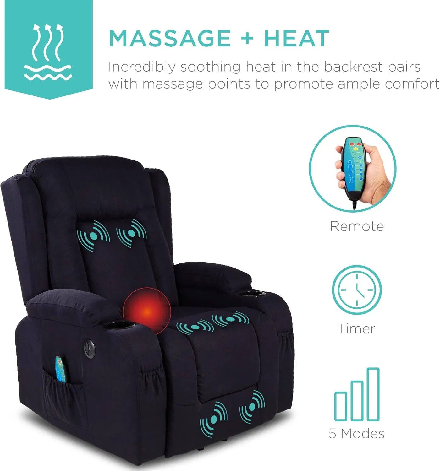 Best Choice Products Modern Linen Electric Power Lift Chair, Recliner Massage Chair, Adjustable Furniture for Back, Legs w/ 3 Positions, USB Port, Heat, Cupholders, Easy-to-Reach Button - Black