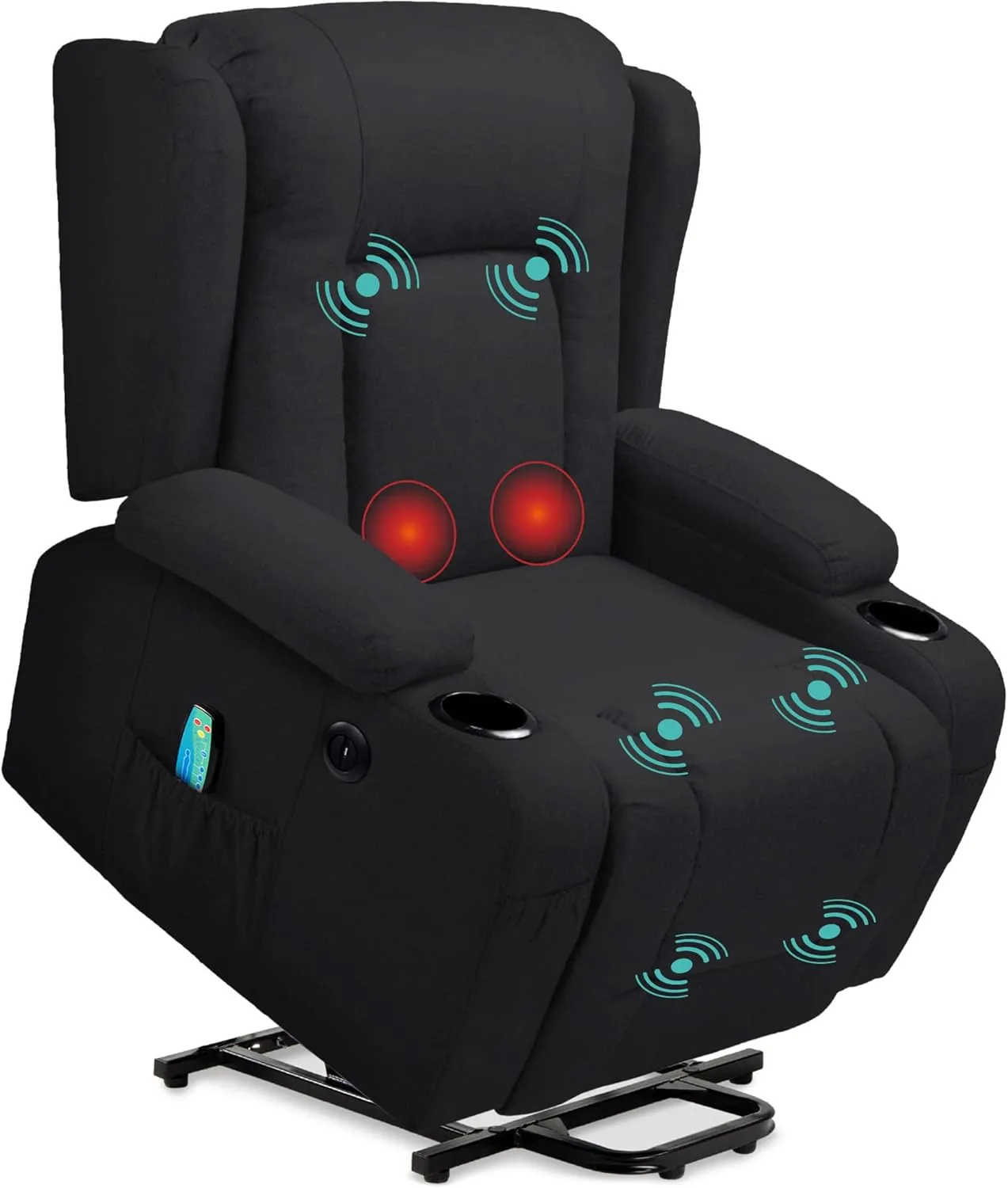 Best Choice Products Modern Linen Electric Power Lift Chair, Recliner Massage Chair, Adjustable Furniture for Back, Legs w/ 3 Positions, USB Port, Heat, Cupholders, Easy-to-Reach Button - Black