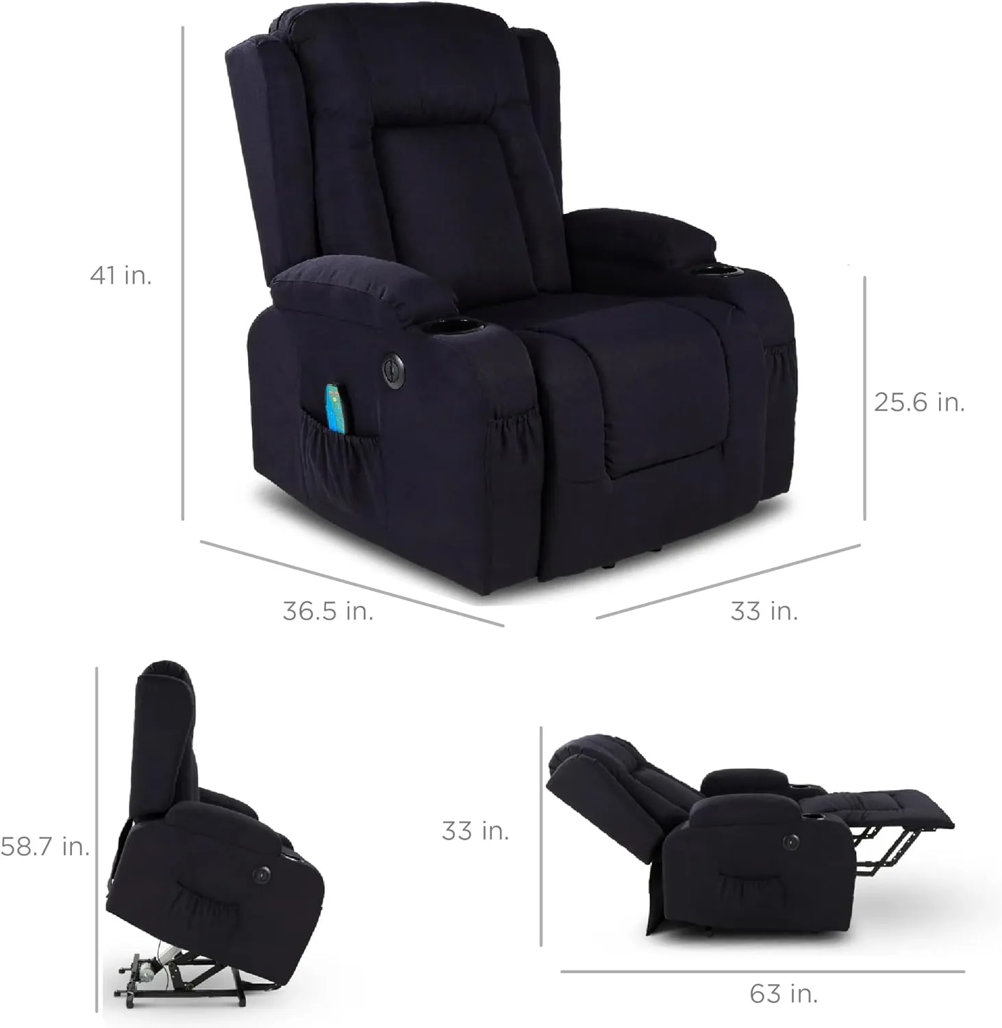 Best Choice Products Modern Linen Electric Power Lift Chair, Recliner Massage Chair, Adjustable Furniture for Back, Legs w/ 3 Positions, USB Port, Heat, Cupholders, Easy-to-Reach Button - Black
