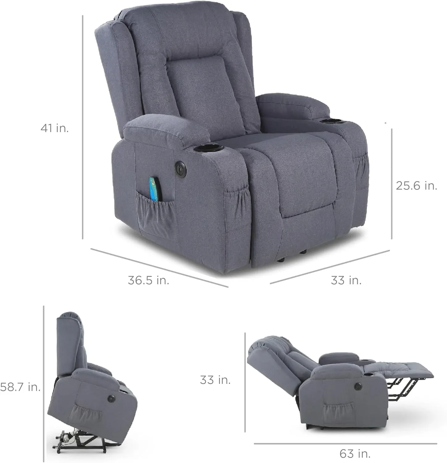 Best Choice Products Modern Linen Electric Power Lift Chair, Recliner Massage Chair, Adjustable Furniture for Back, Legs w/ 3 Positions, USB Port, Heat, Cupholders, Easy-to-Reach Button - Blue