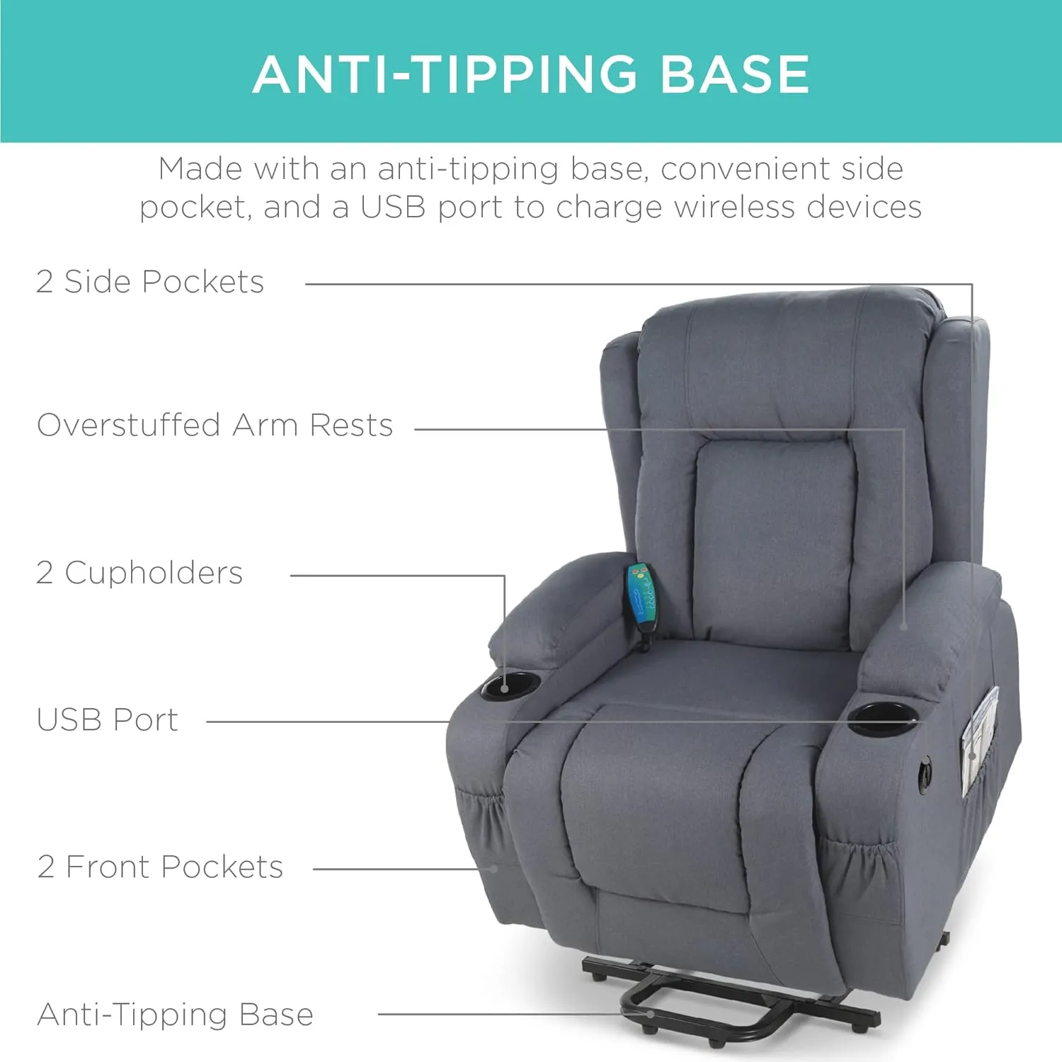 Best Choice Products Modern Linen Electric Power Lift Chair, Recliner Massage Chair, Adjustable Furniture for Back, Legs w/ 3 Positions, USB Port, Heat, Cupholders, Easy-to-Reach Button - Blue