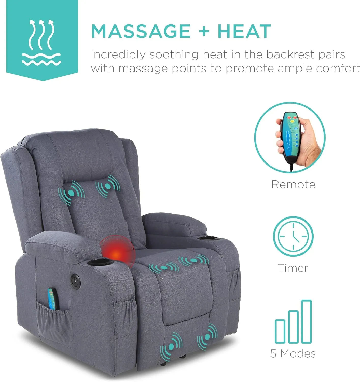 Best Choice Products Modern Linen Electric Power Lift Chair, Recliner Massage Chair, Adjustable Furniture for Back, Legs w/ 3 Positions, USB Port, Heat, Cupholders, Easy-to-Reach Button - Blue