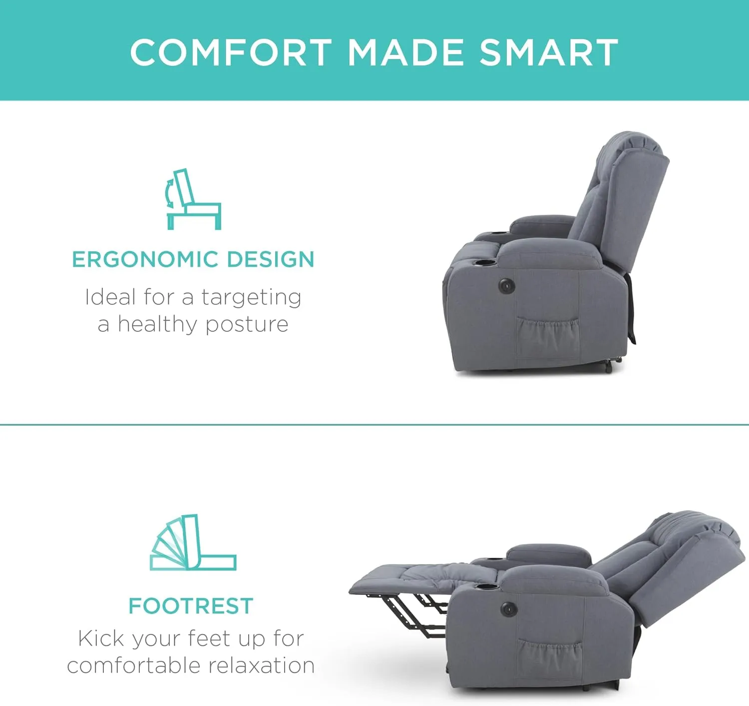 Best Choice Products Modern Linen Electric Power Lift Chair, Recliner Massage Chair, Adjustable Furniture for Back, Legs w/ 3 Positions, USB Port, Heat, Cupholders, Easy-to-Reach Button - Blue