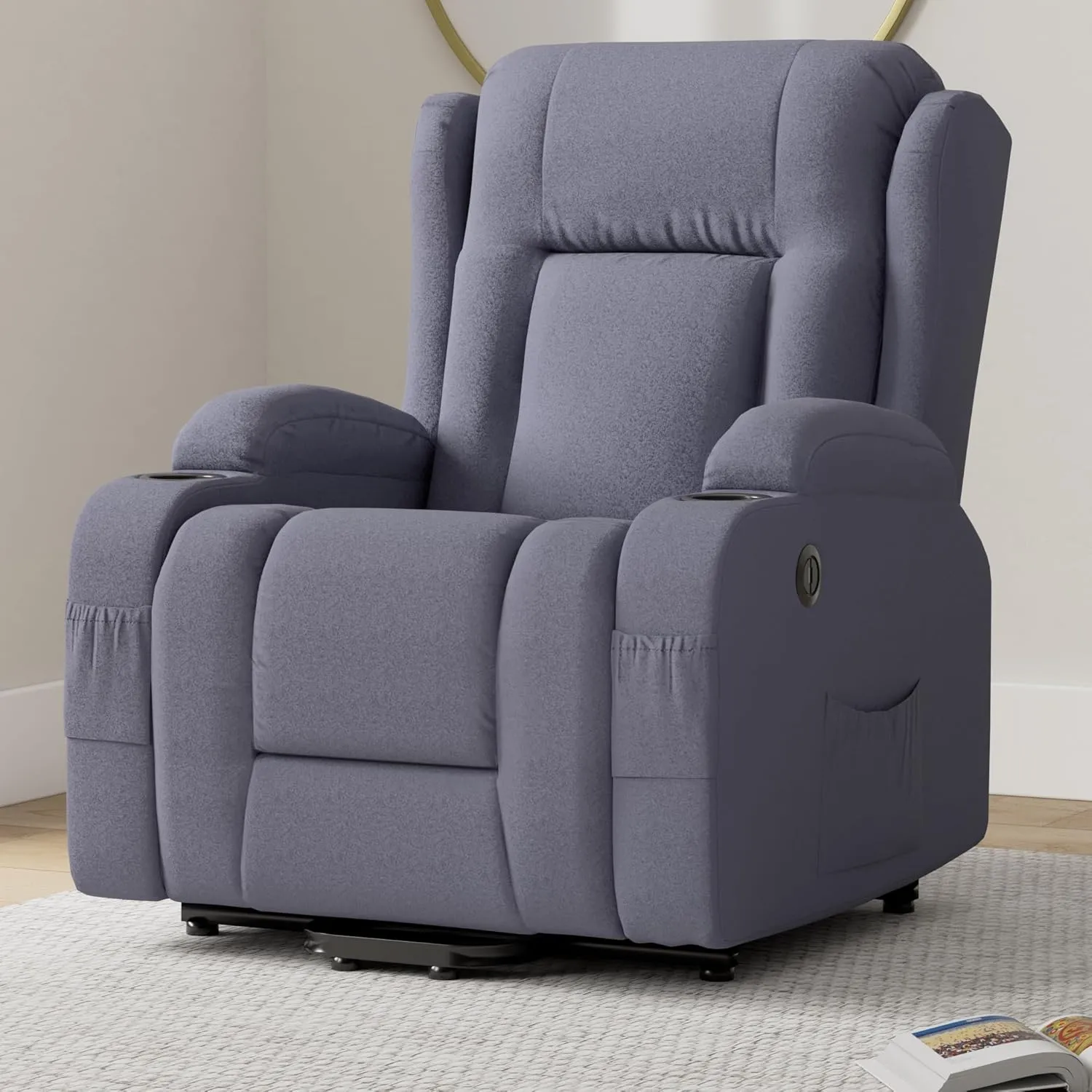 Best Choice Products Modern Linen Electric Power Lift Chair, Recliner Massage Chair, Adjustable Furniture for Back, Legs w/ 3 Positions, USB Port, Heat, Cupholders, Easy-to-Reach Button - Blue