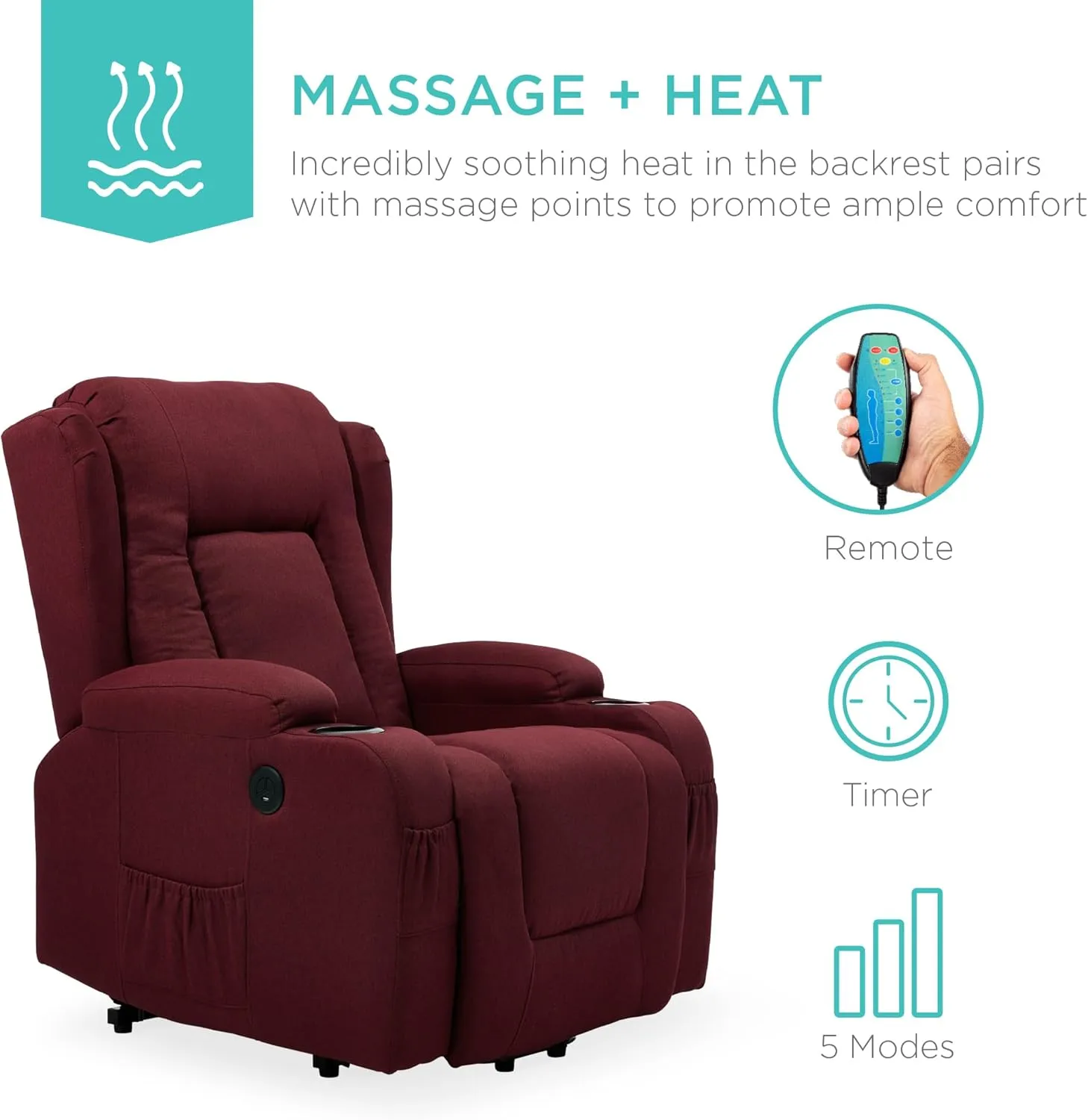 Best Choice Products Modern Linen Electric Power Lift Chair, Recliner Massage Chair, Adjustable Furniture for Back, Legs w/ 3 Positions, USB Port, Heat, Cupholders, Easy-to-Reach Button - Burgundy