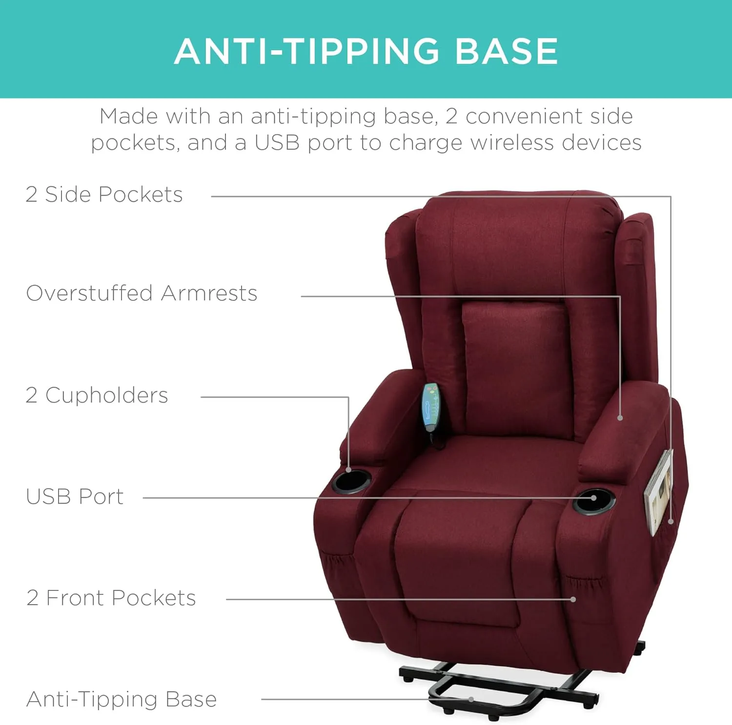 Best Choice Products Modern Linen Electric Power Lift Chair, Recliner Massage Chair, Adjustable Furniture for Back, Legs w/ 3 Positions, USB Port, Heat, Cupholders, Easy-to-Reach Button - Burgundy
