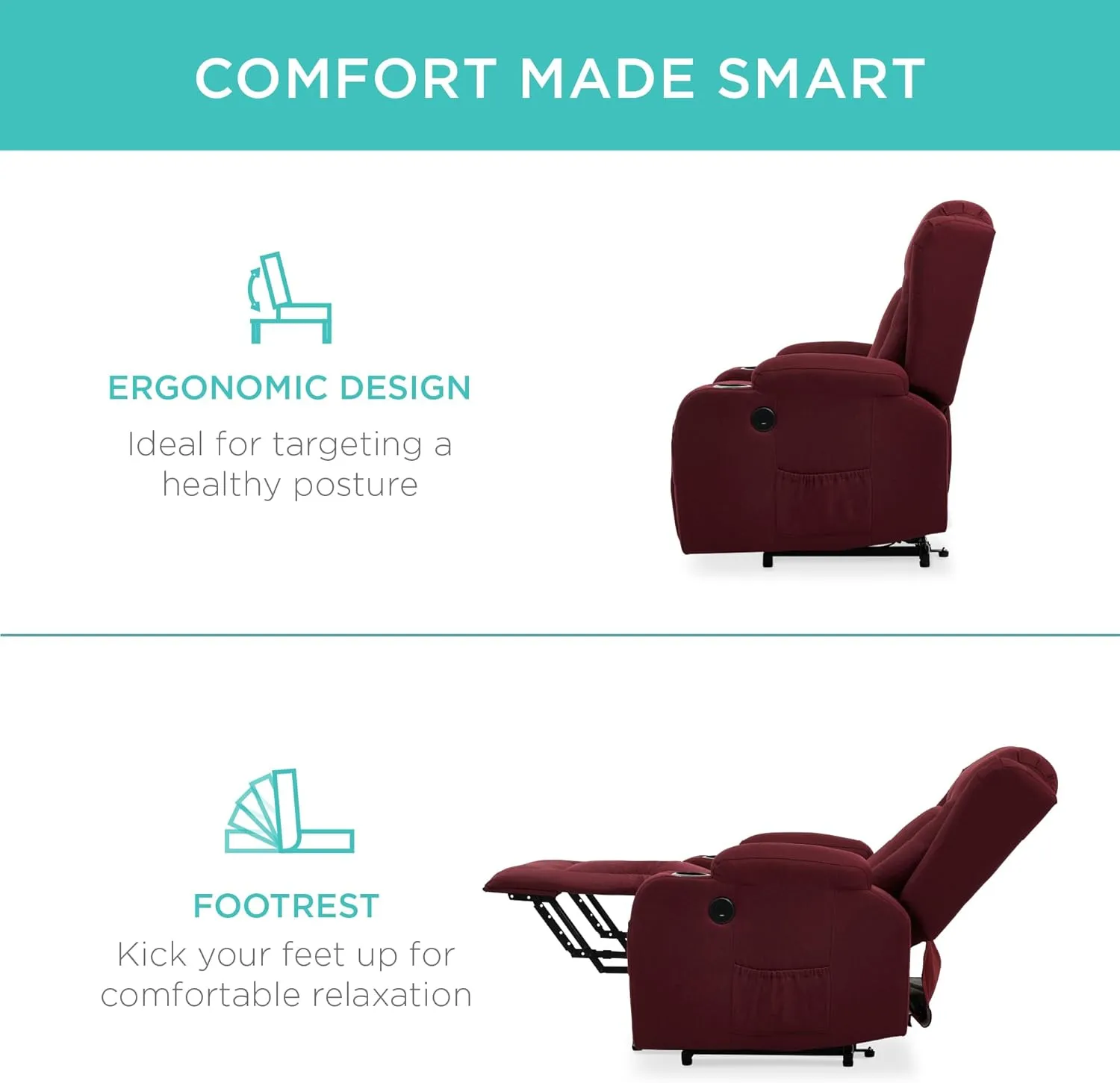Best Choice Products Modern Linen Electric Power Lift Chair, Recliner Massage Chair, Adjustable Furniture for Back, Legs w/ 3 Positions, USB Port, Heat, Cupholders, Easy-to-Reach Button - Burgundy